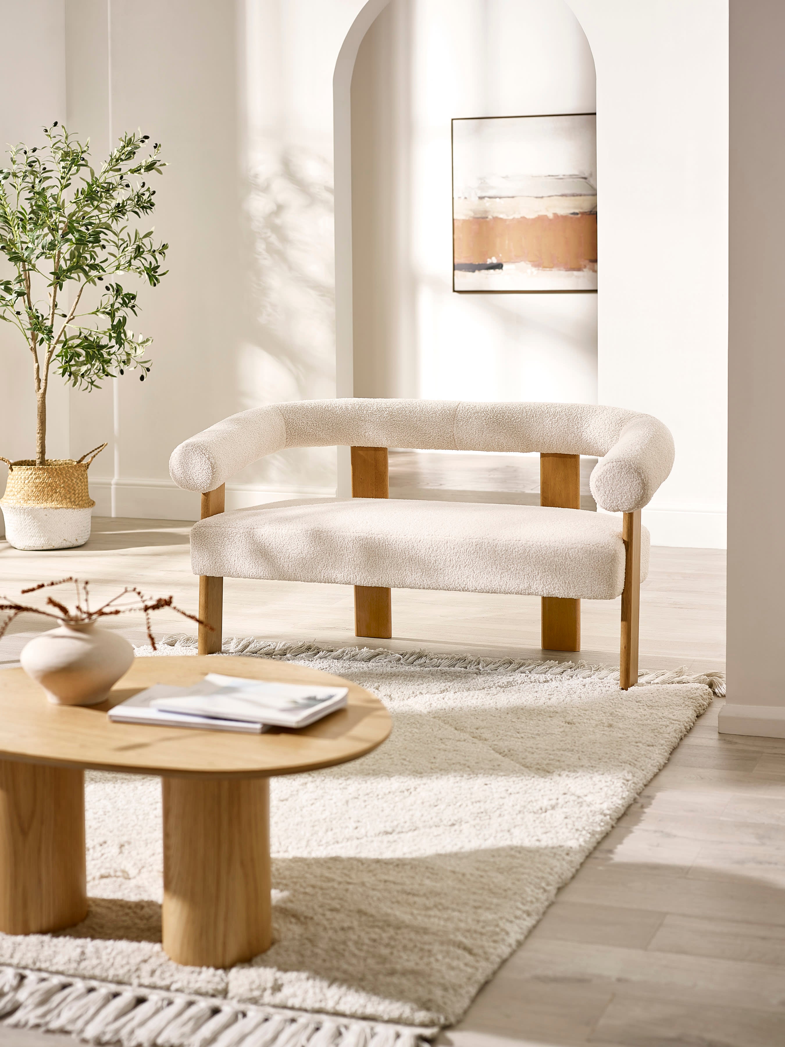 Freya White Boucle Upholstered 2 Seater Sofa with Solid Wood Legs