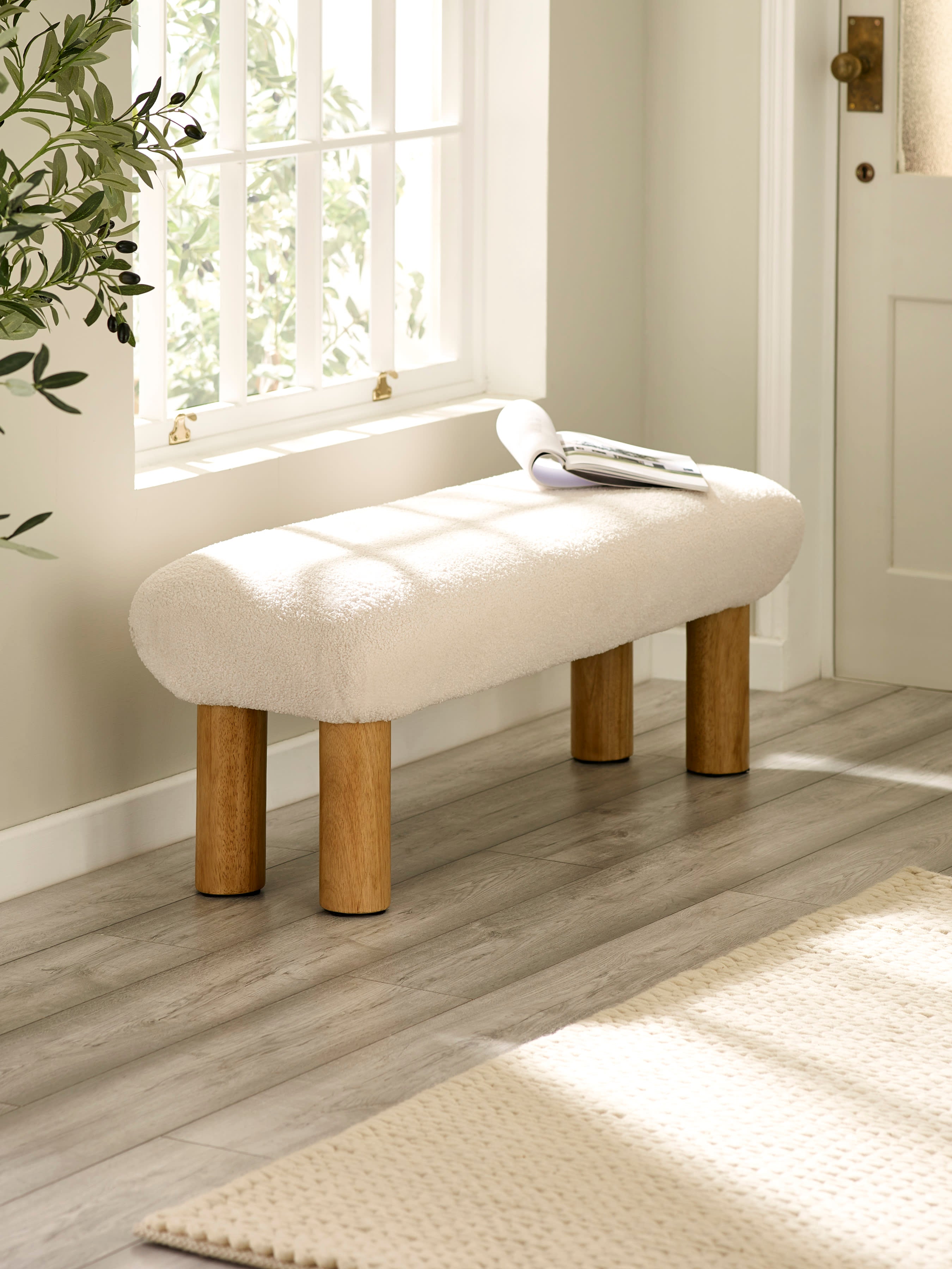 Freya White Boucle Upholstered Low Bench with Solid Wood Legs