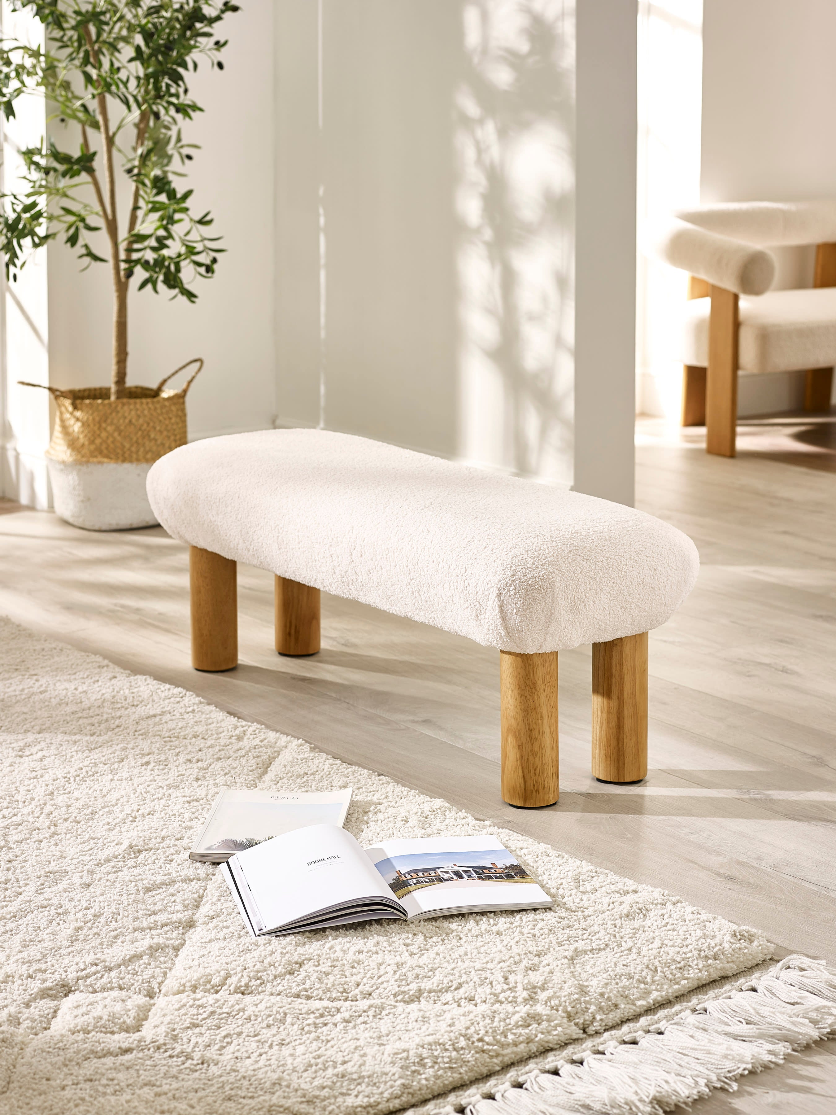 Freya White Boucle Upholstered Low Bench with Solid Wood Legs