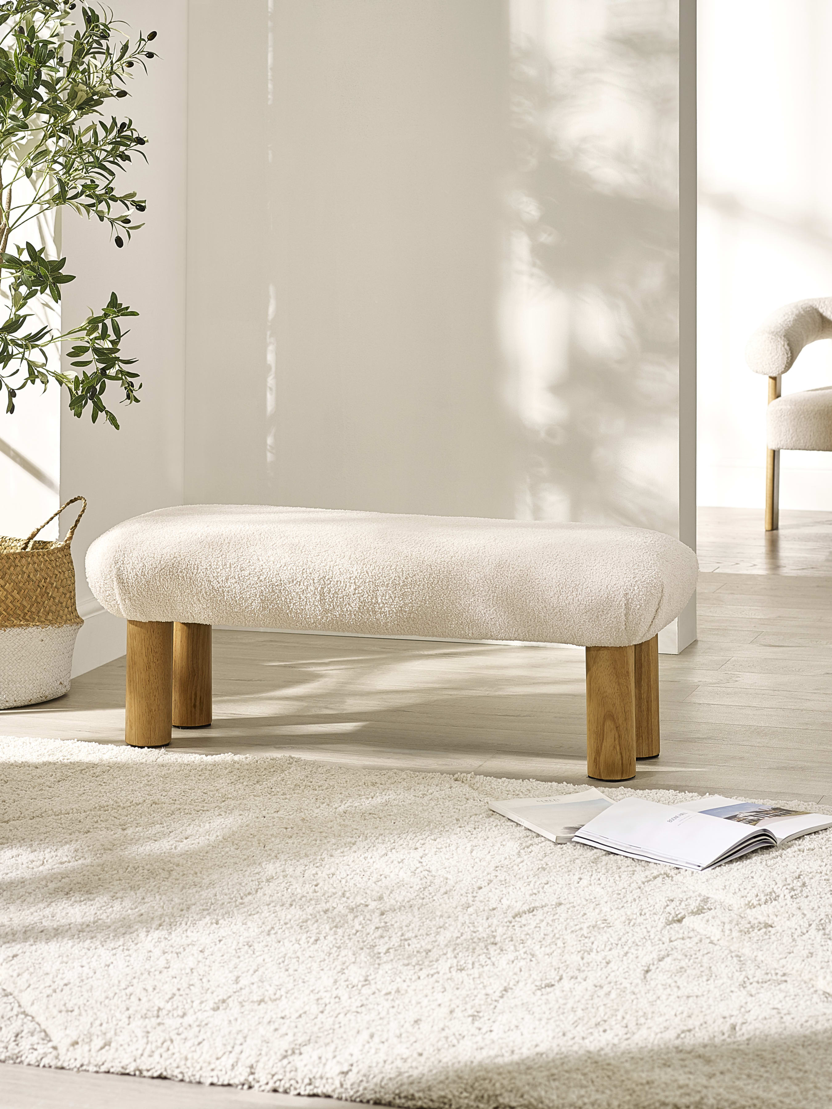 Freya White Boucle Upholstered Low Bench with Solid Wood Legs