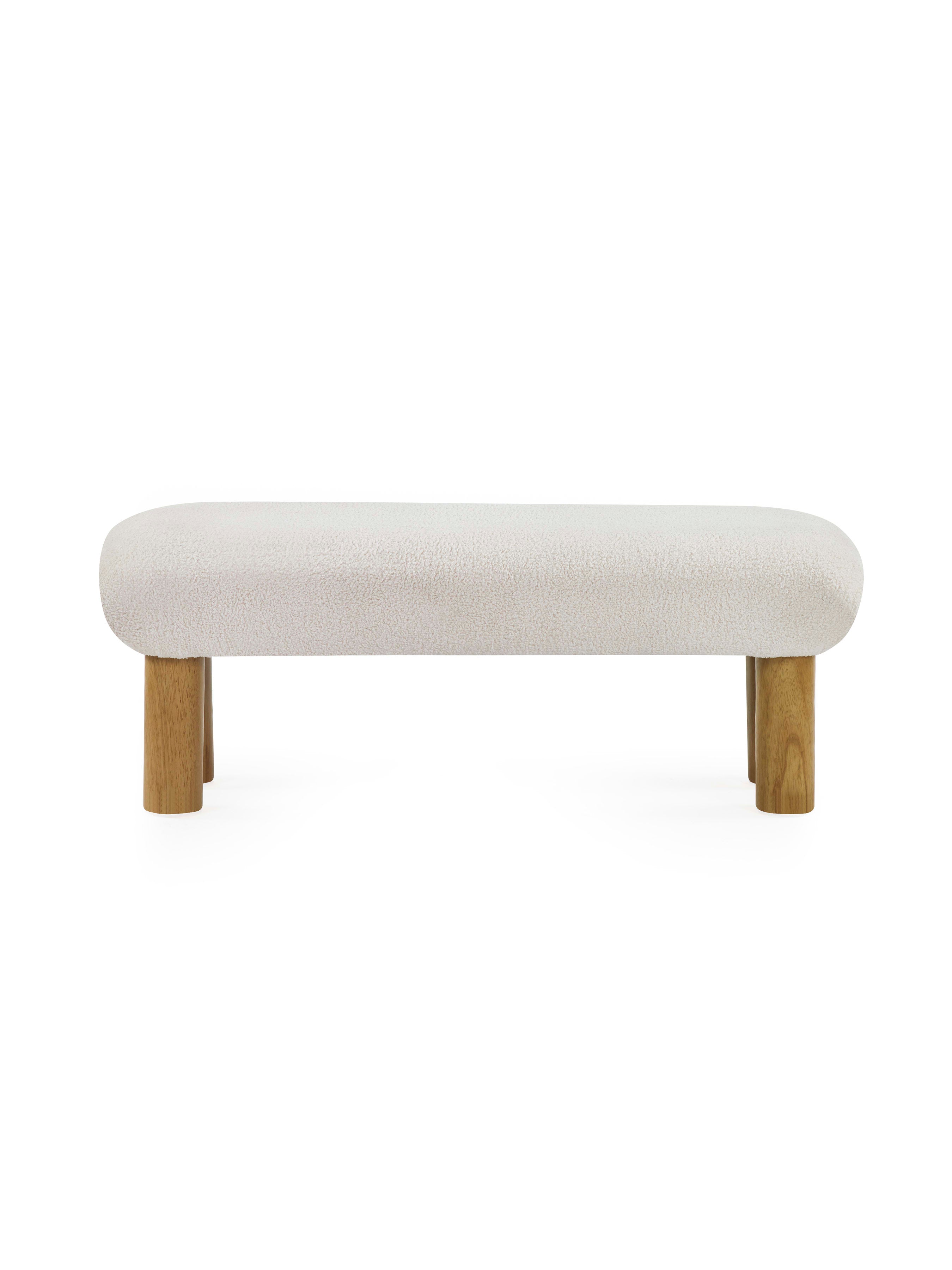 Freya White Boucle Upholstered Low Bench with Solid Wood Legs