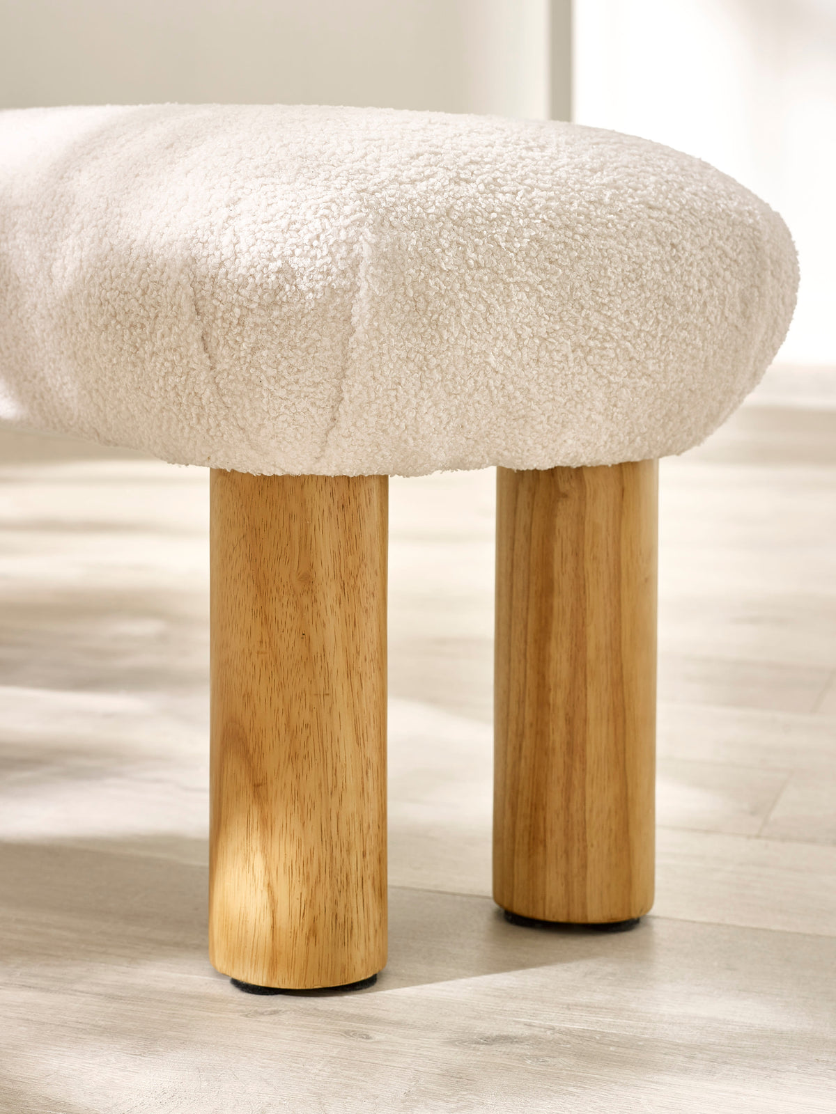 Freya White Boucle Upholstered Low Bench with Solid Wood Legs