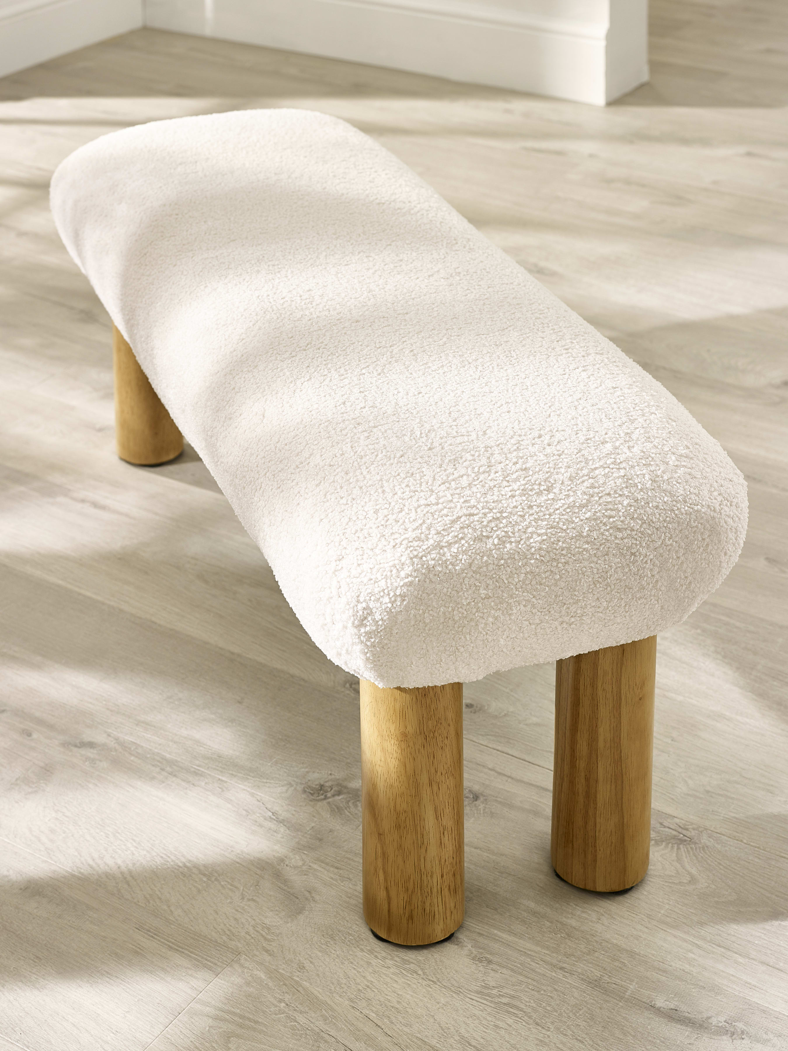 Freya White Boucle Upholstered Low Bench with Solid Wood Legs