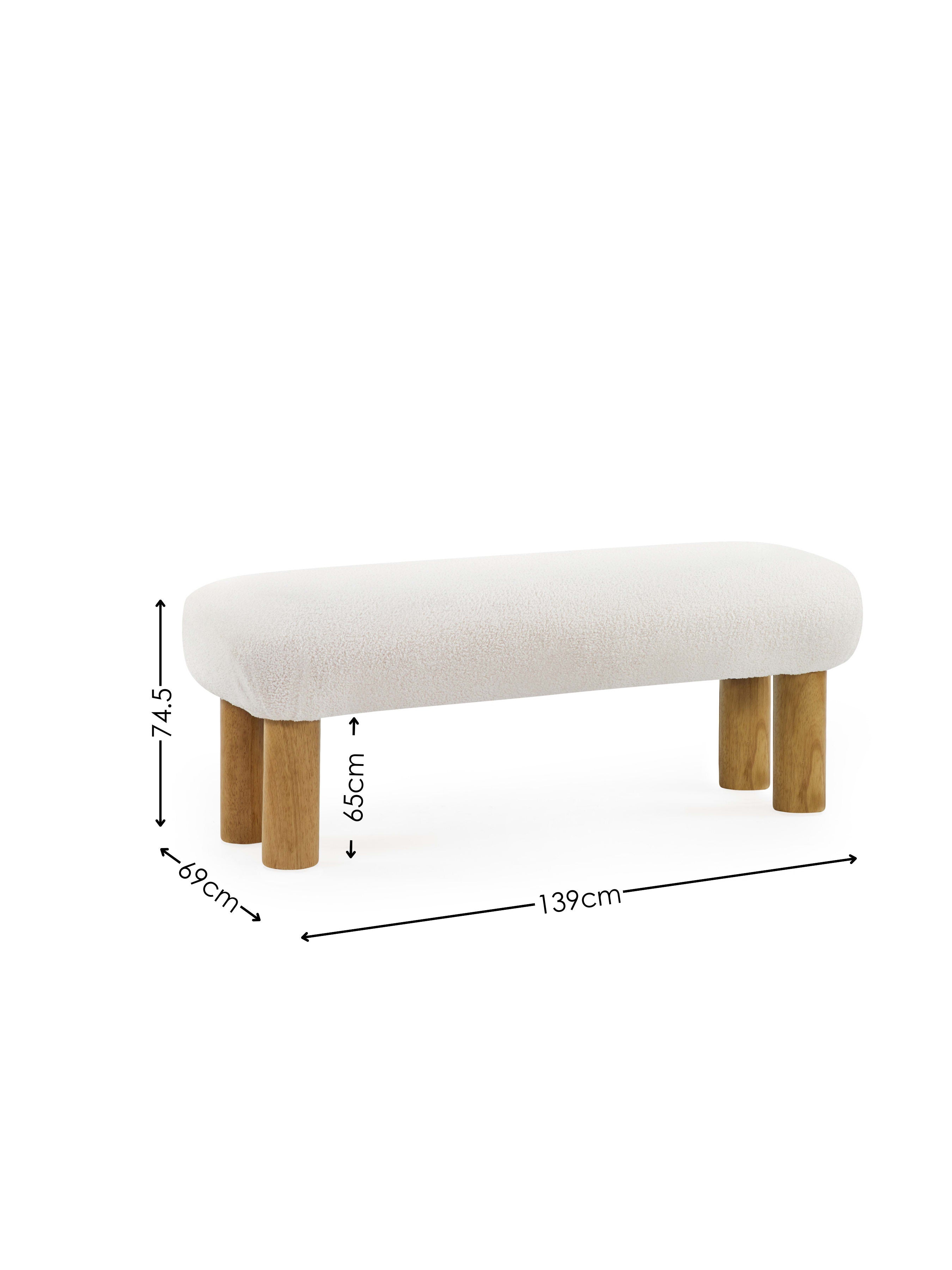 Freya White Boucle Upholstered Low Bench with Solid Wood Legs