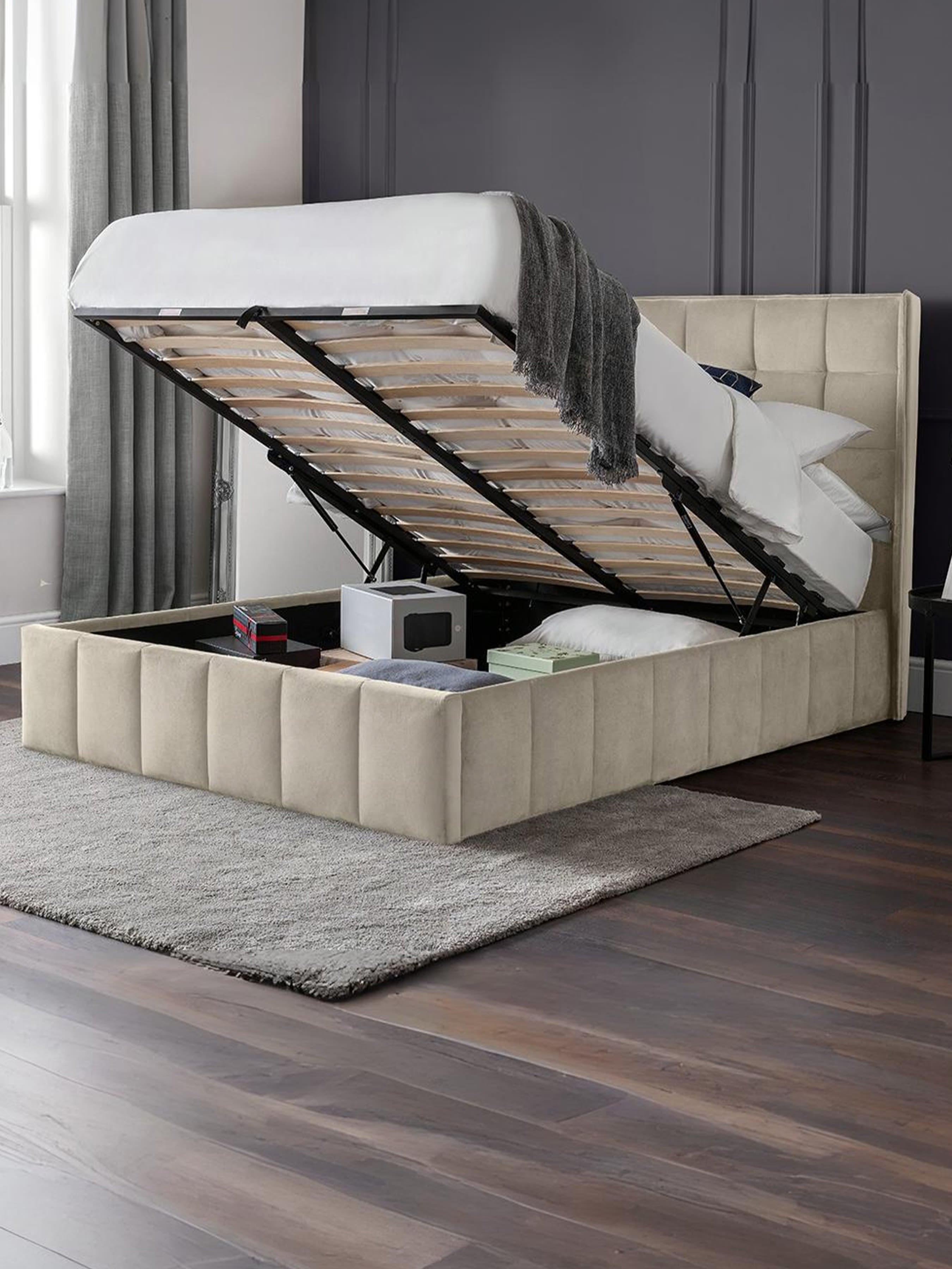 Gatsby Cream Velvet Ottoman Storage Bed