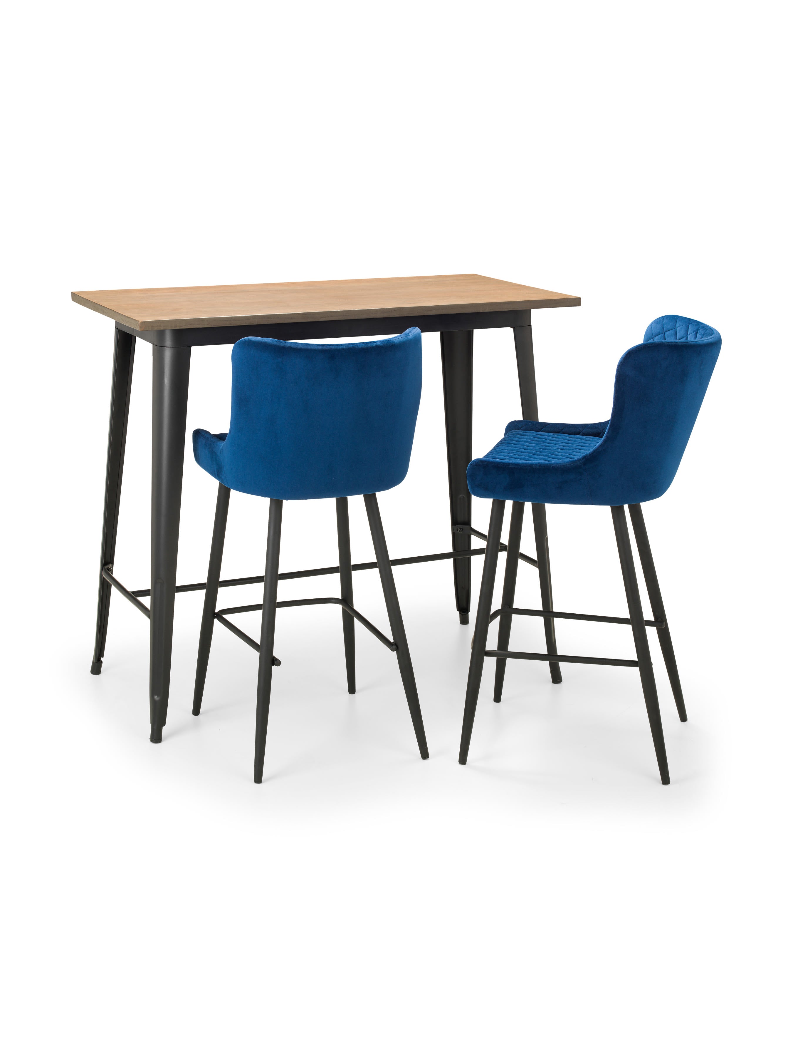 Grafton Bar Table and 2 Blue plush Stools – Mocha Elm