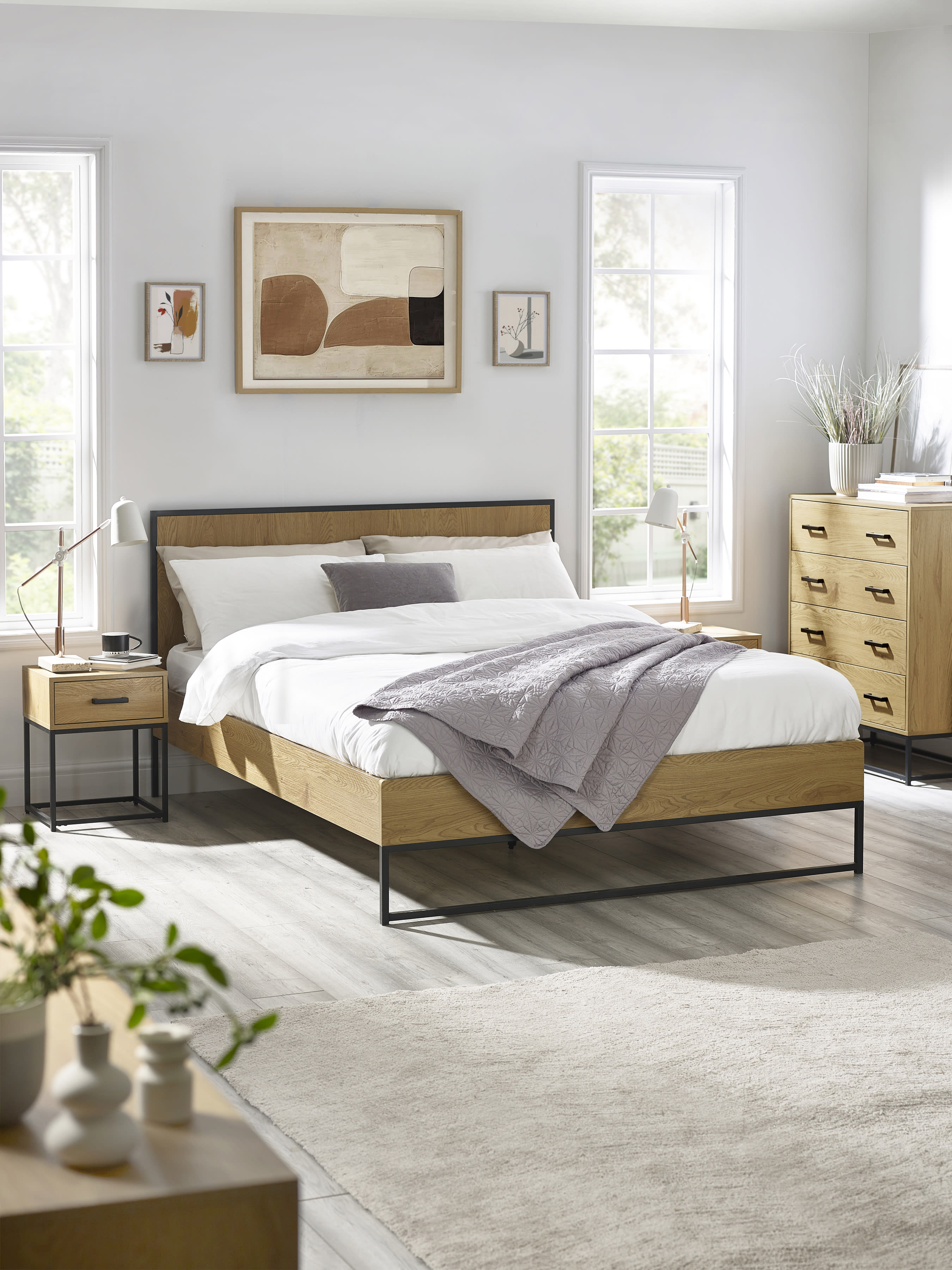 Harlow Oak/Black Bed Frame – Light Oak Effect