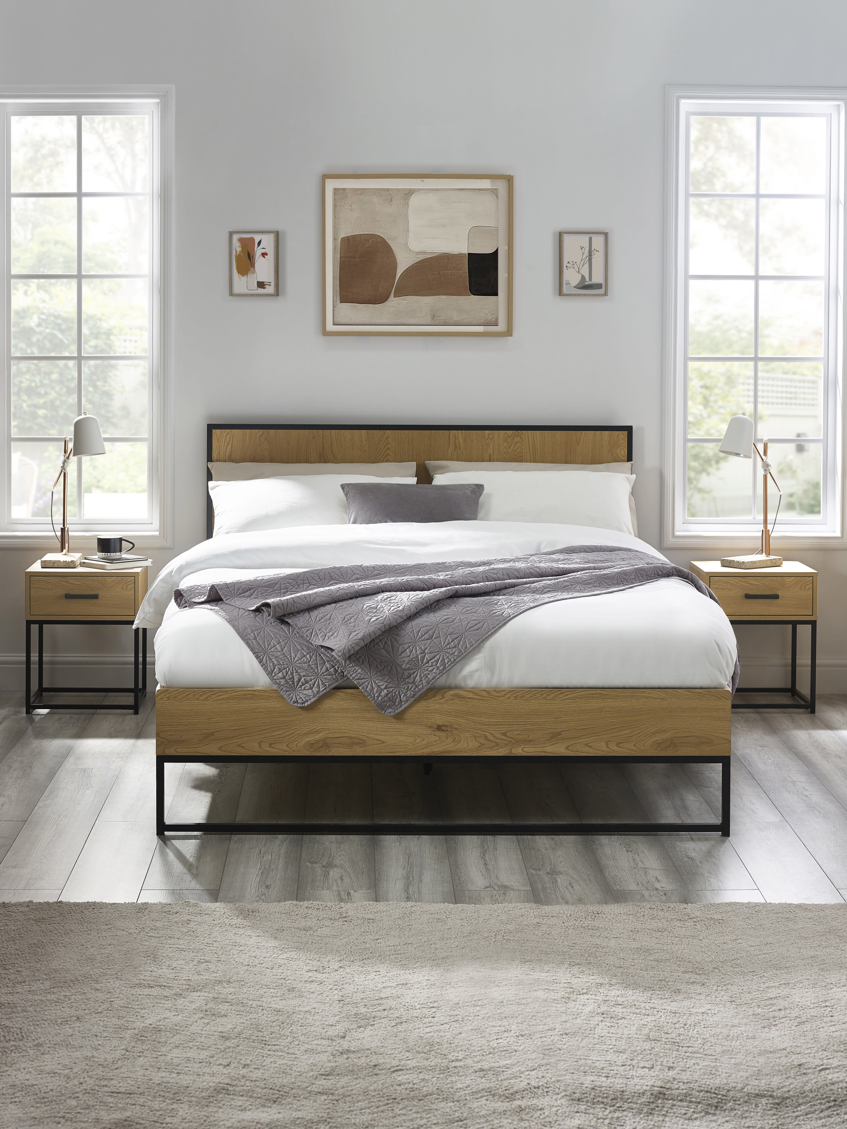 Harlow Oak/Black Bed Frame – Light Oak Effect