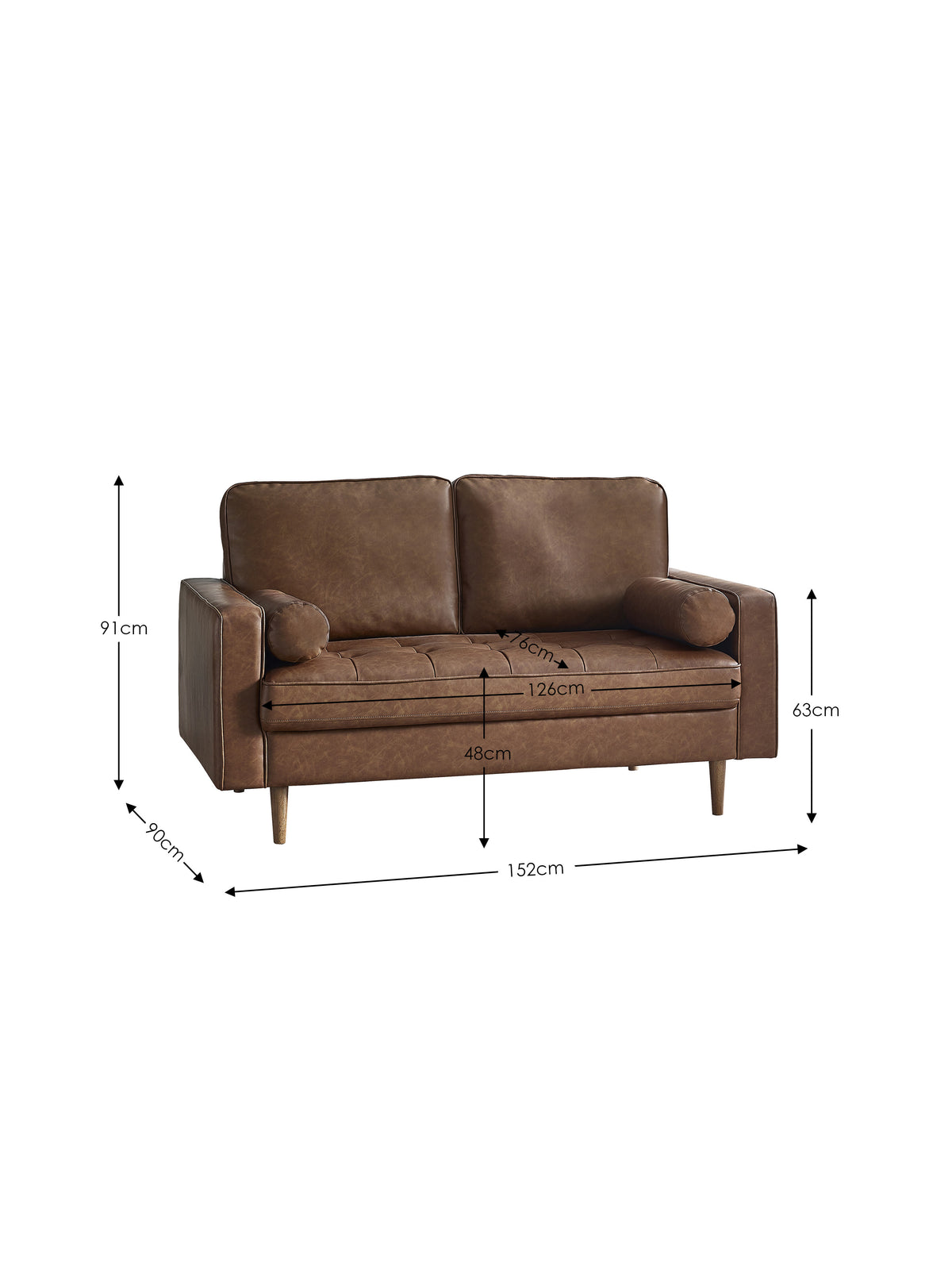 Henley 2 Seater Sofa With Bolsters - Brown Tan Faux Leather