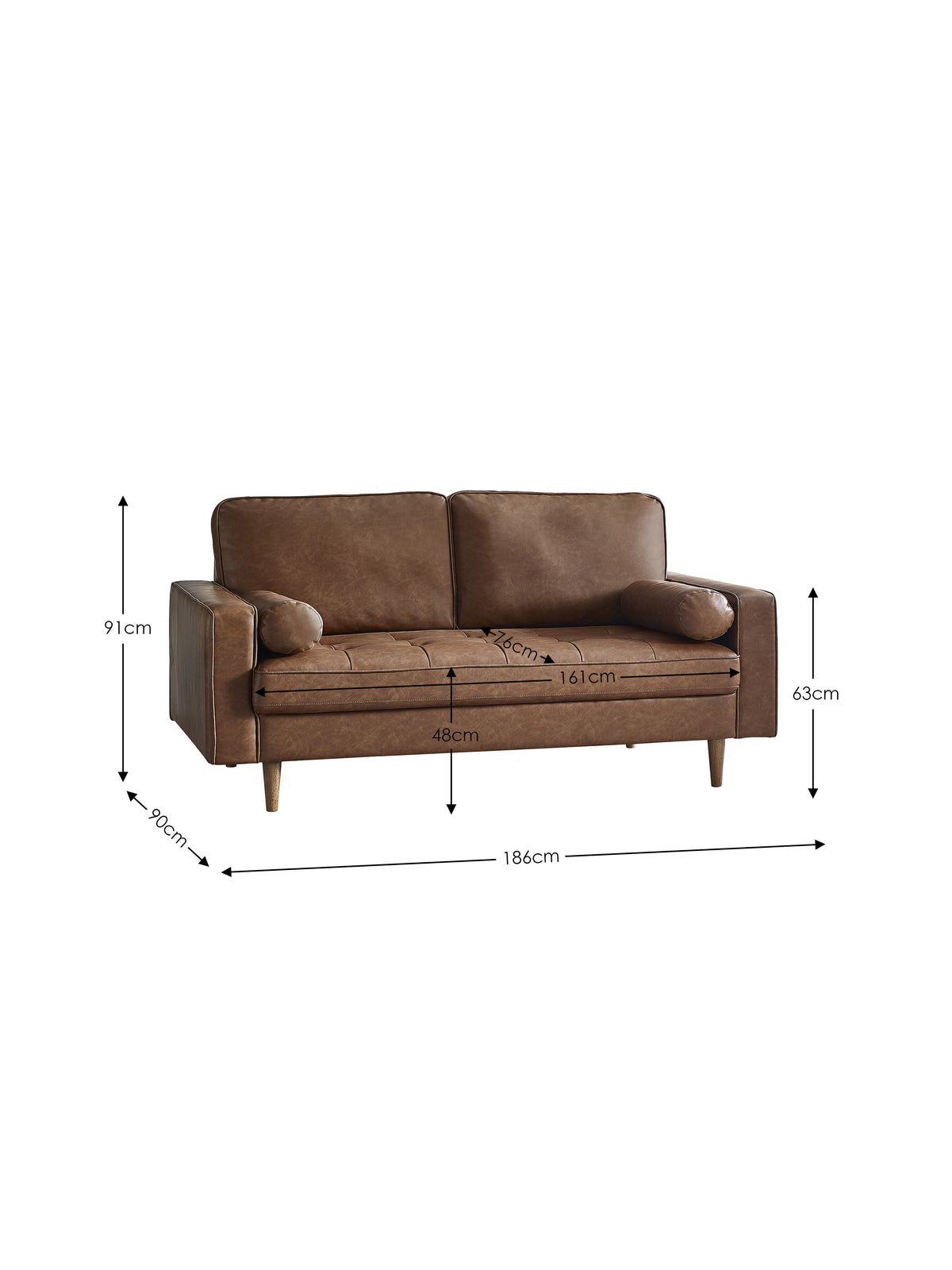 Henley 3 Seater Sofa With Bolsters - Brown Tan Faux Leather