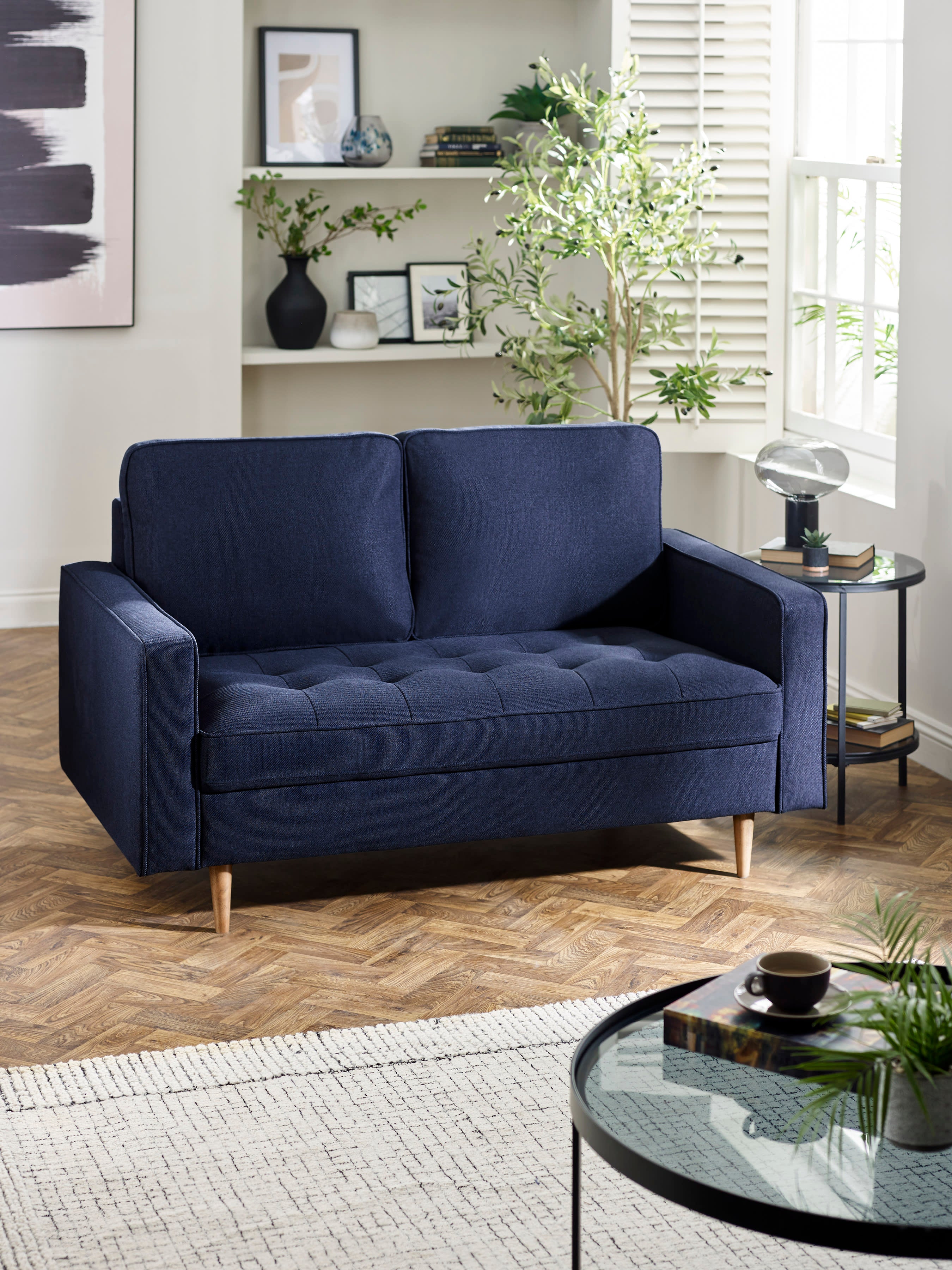 Henrietta Deep Blue Linen Upholstered 2 Seater Sofa