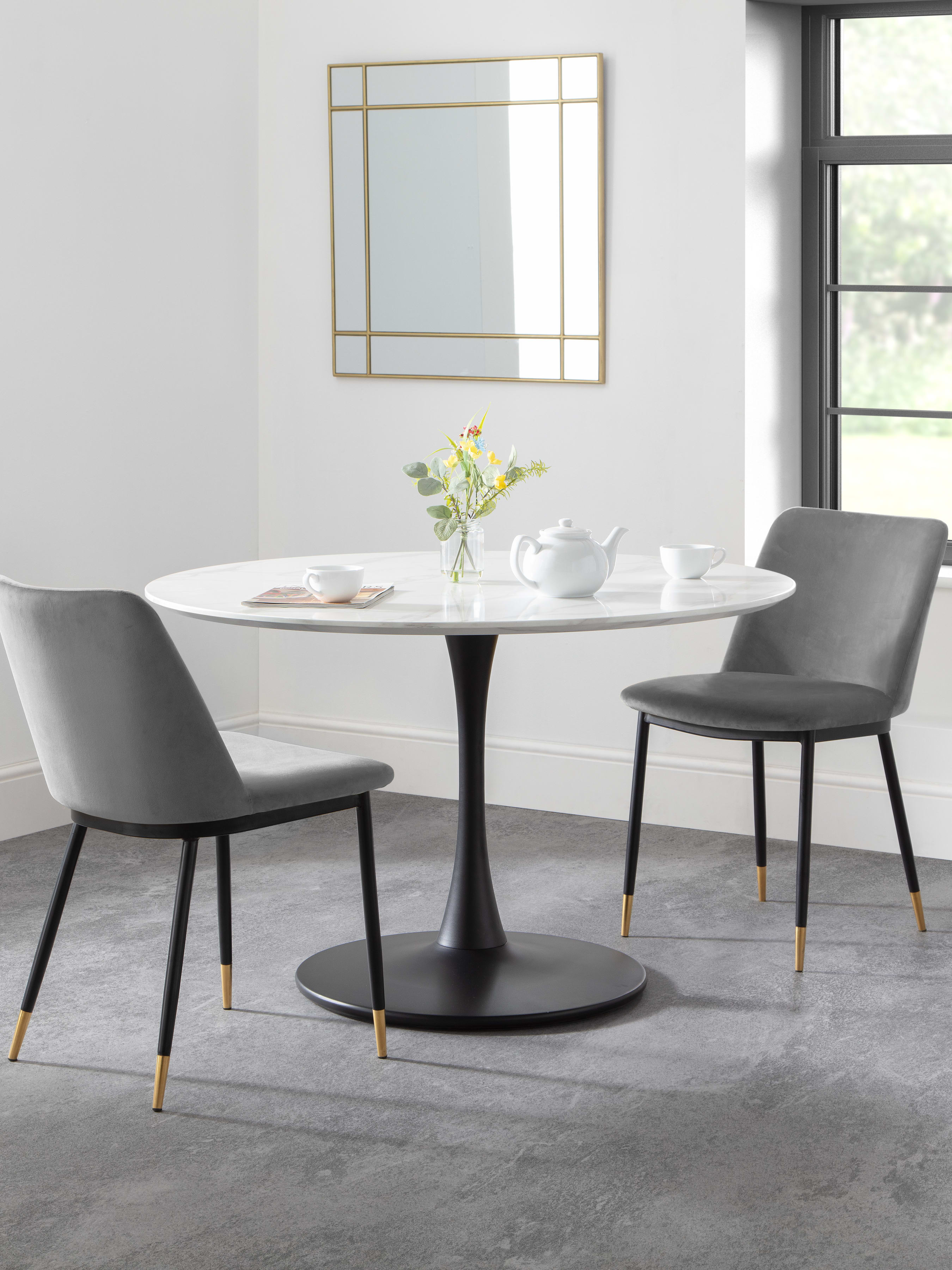 Holland Round Table and 2 Grey Delaunay Chairs – White Marble Effect & Black