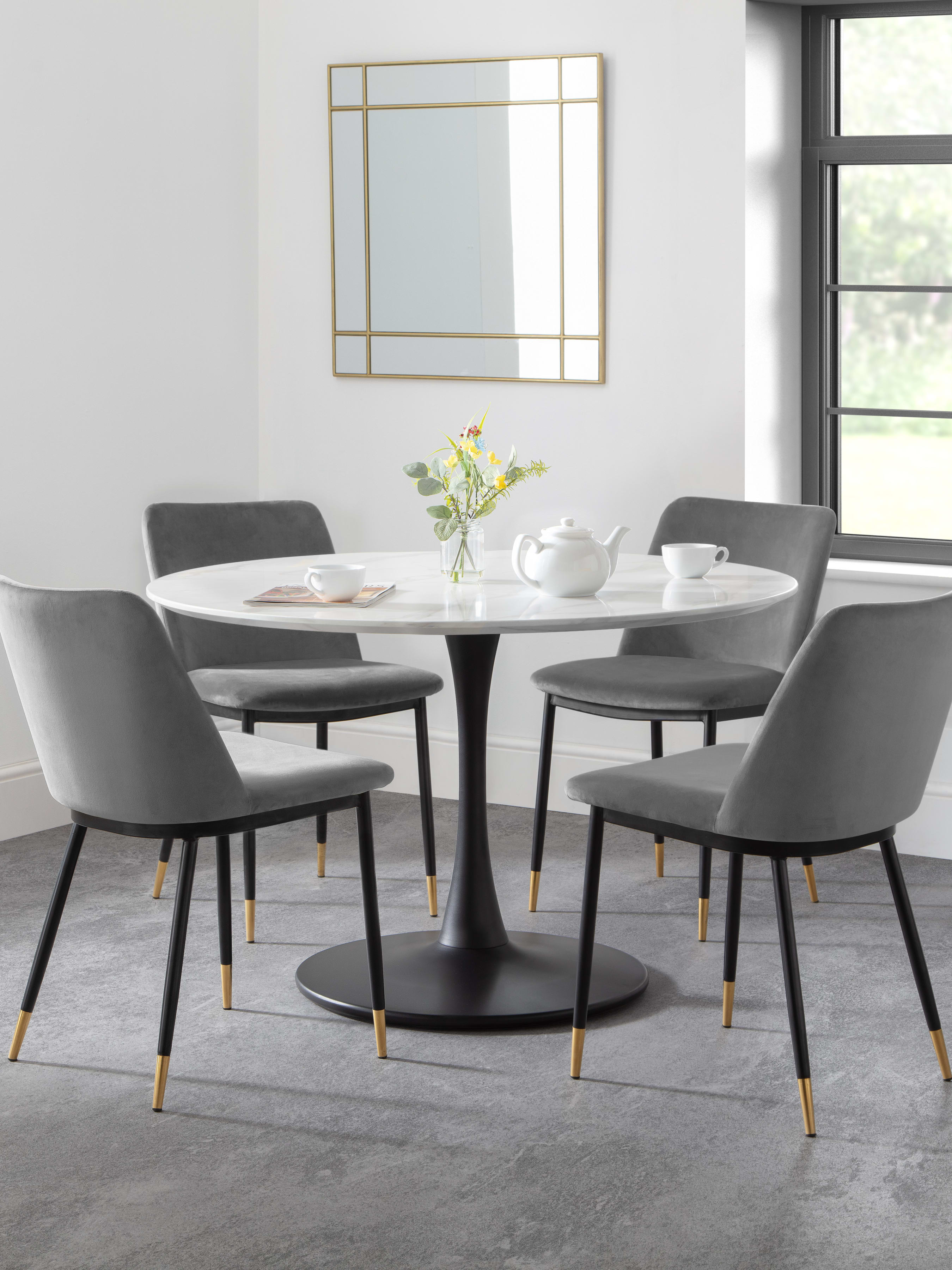 Holland Round Table and 4 Grey Delaunay Chairs – White Marble Effect & Black