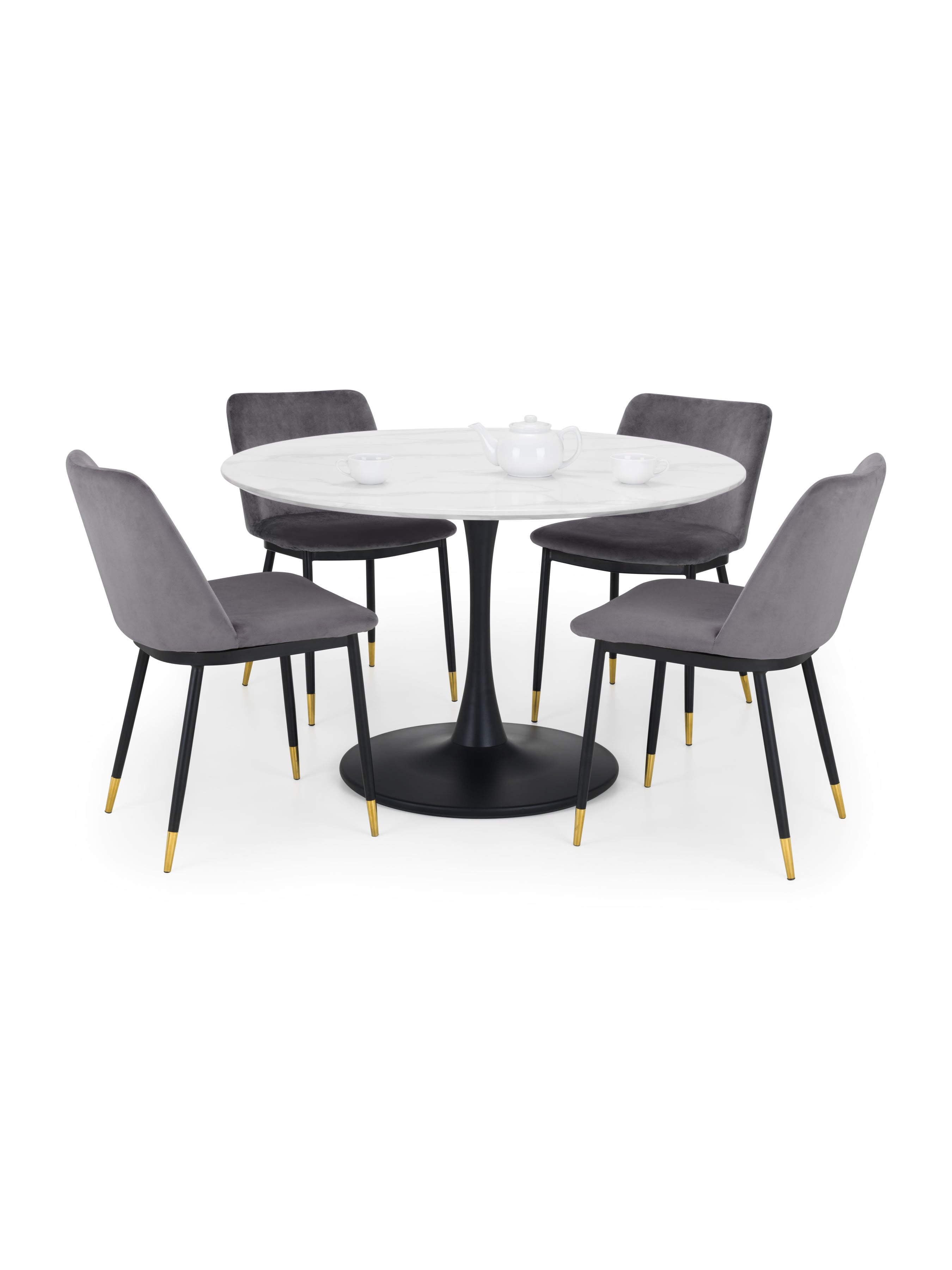 Holland Round Table and 4 Grey Delaunay Chairs – White Marble Effect & Black