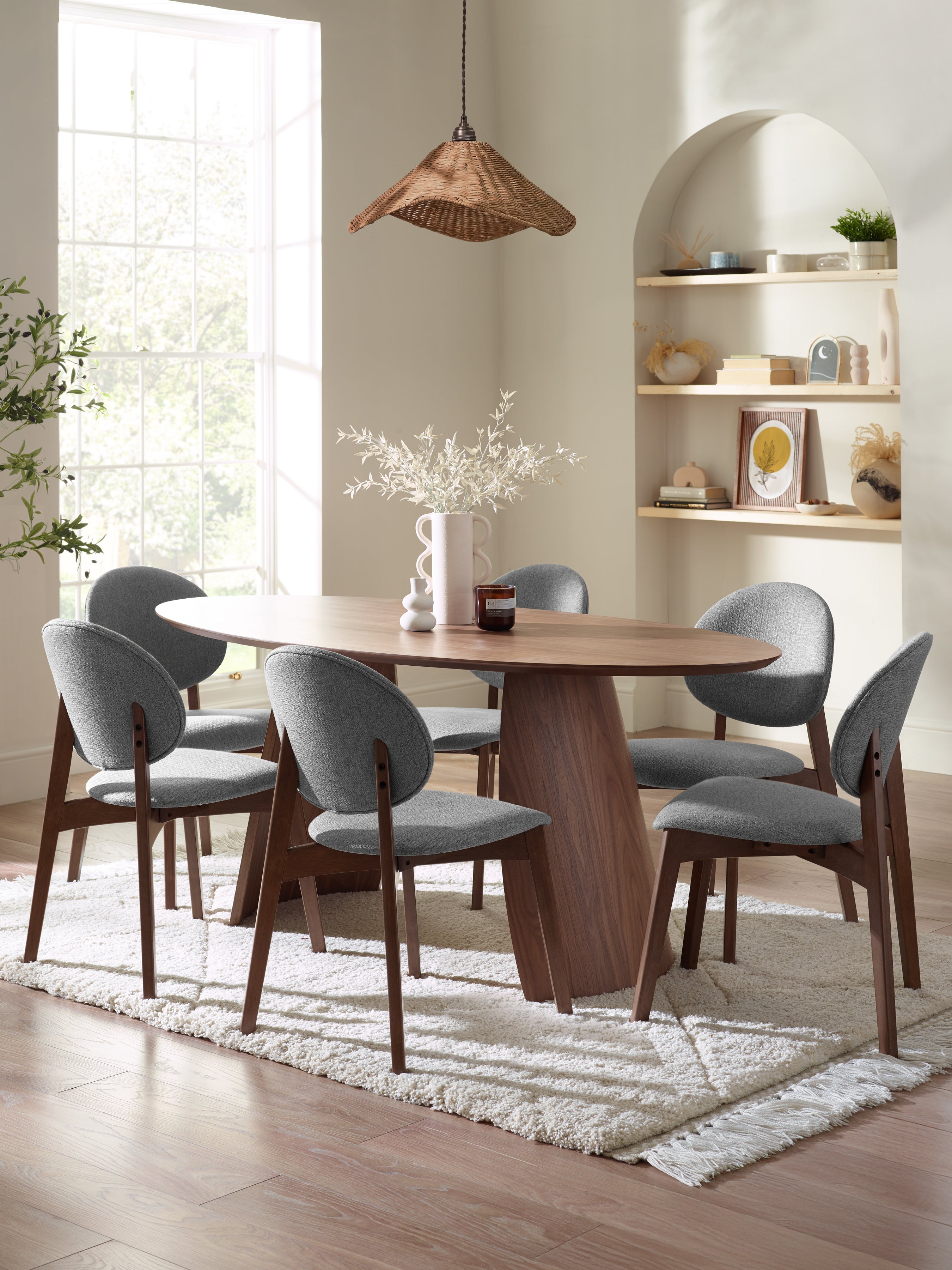 Julius Oval Walnut Effect Dining Set with 6 Artemis Chairs – Walnut Effect and Grey Linen