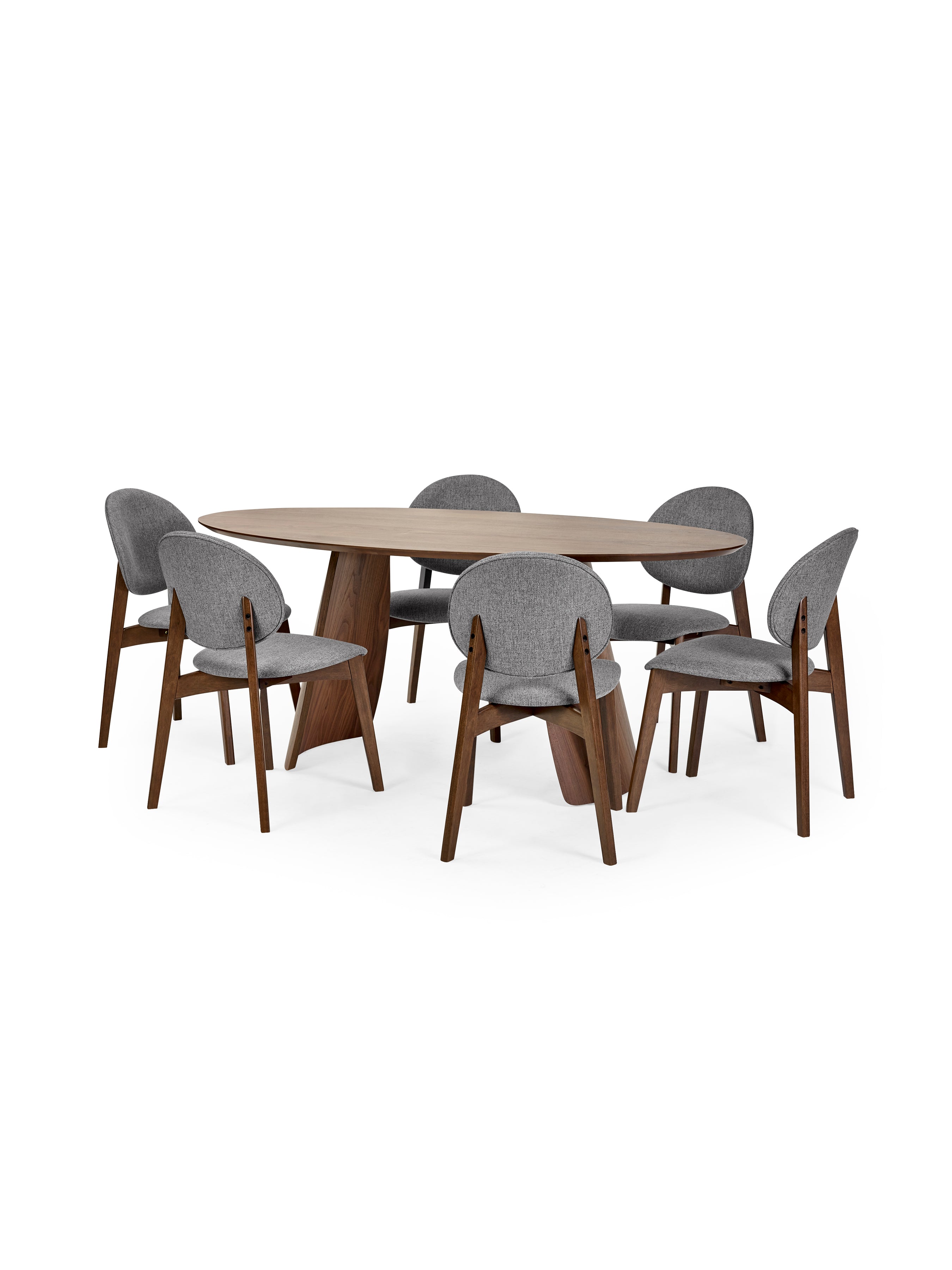 Julius Oval Walnut Effect Dining Set with 6 Artemis Chairs – Walnut Effect and Grey Linen