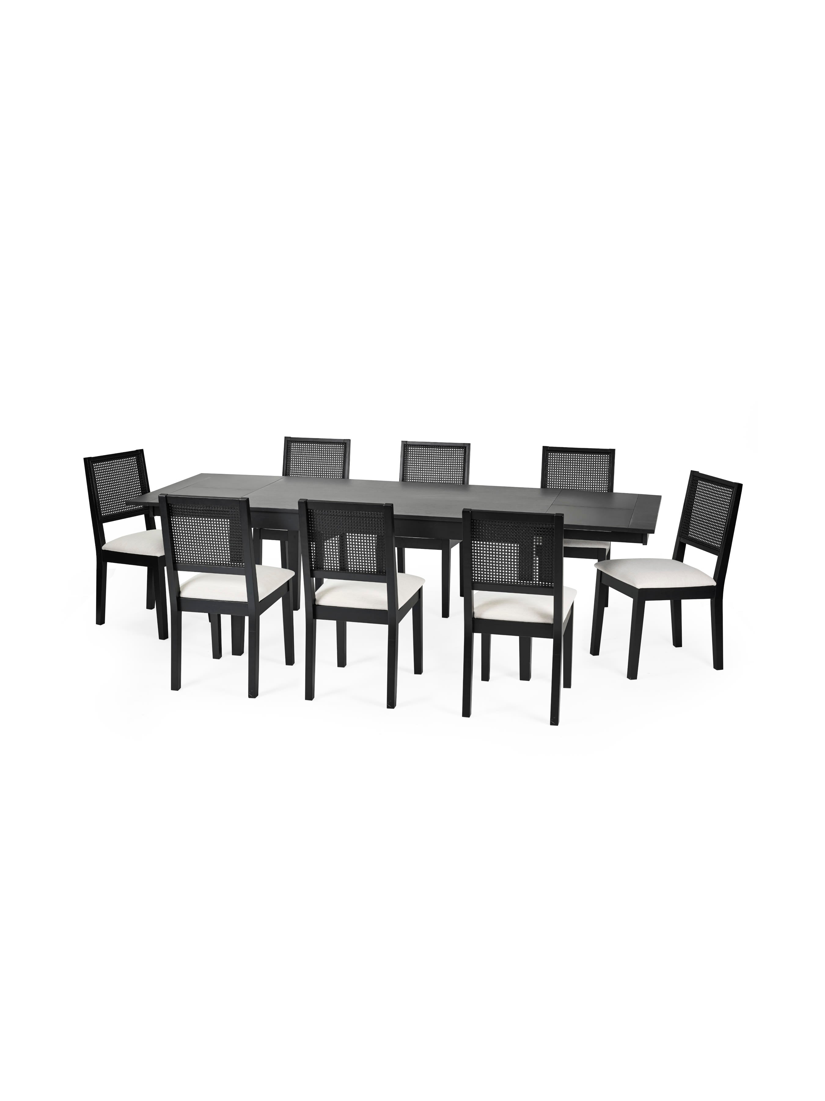 Knoxley Black Extending Rectangular Dining Table Set with 8 Rattan Back Chairs – Black Oak Effect