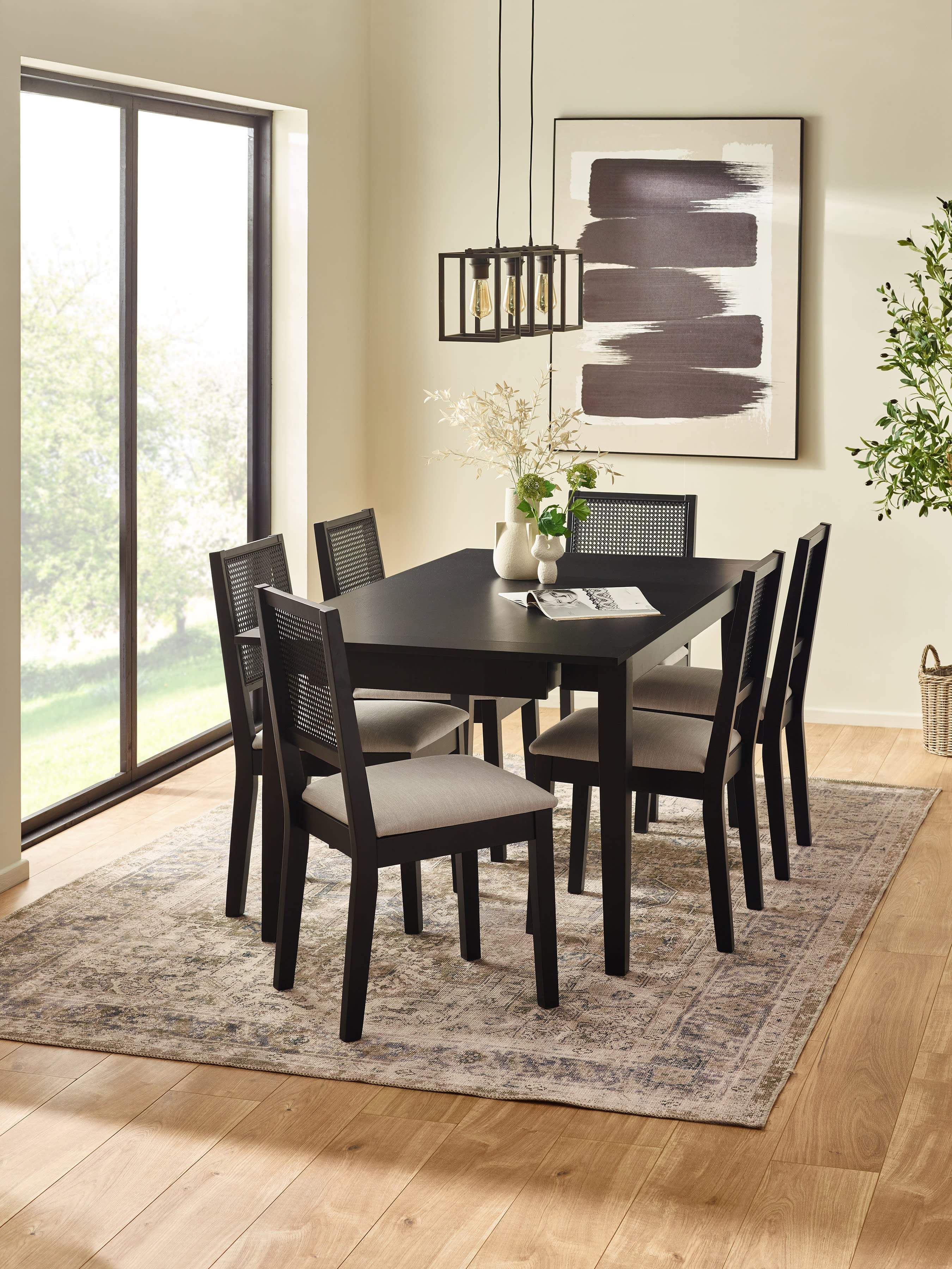 Knoxley Black Extending Rectangular Dining Table Set with 6 Rattan Back Chairs – Black Oak Effect