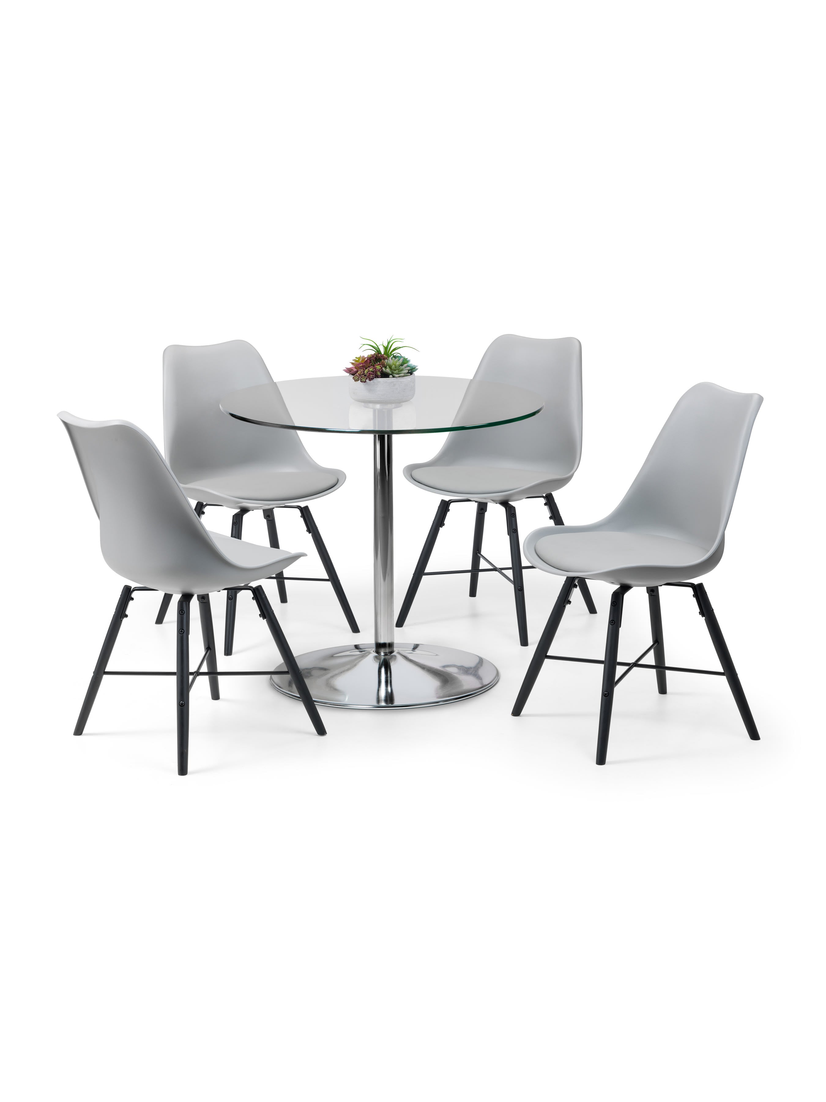 Kudos Table and 4 Grey Kari Chairs – Chrome/Glass