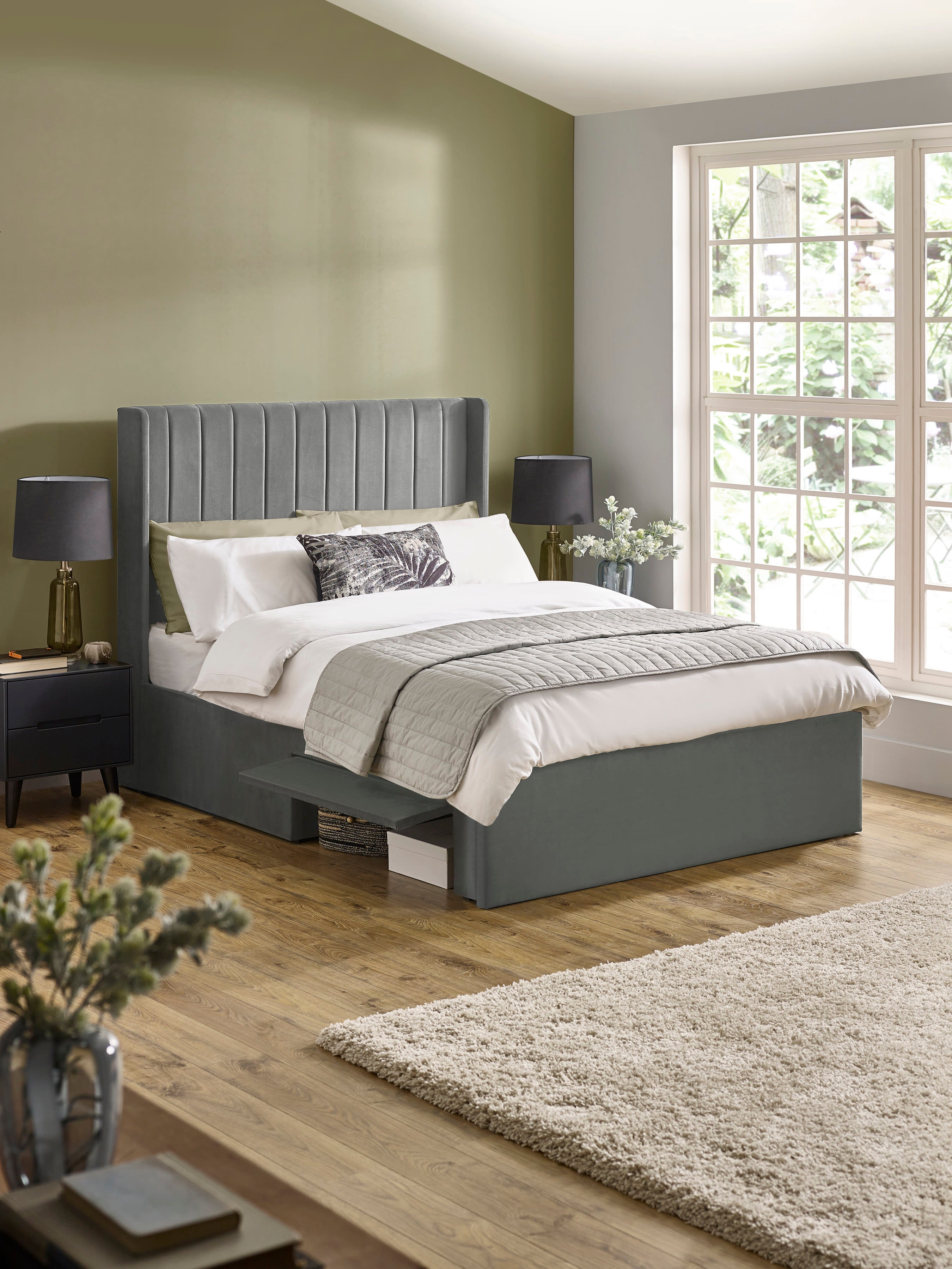 Leila Steel Grey Dual Storage Door Bed – Steel Grey Velvet