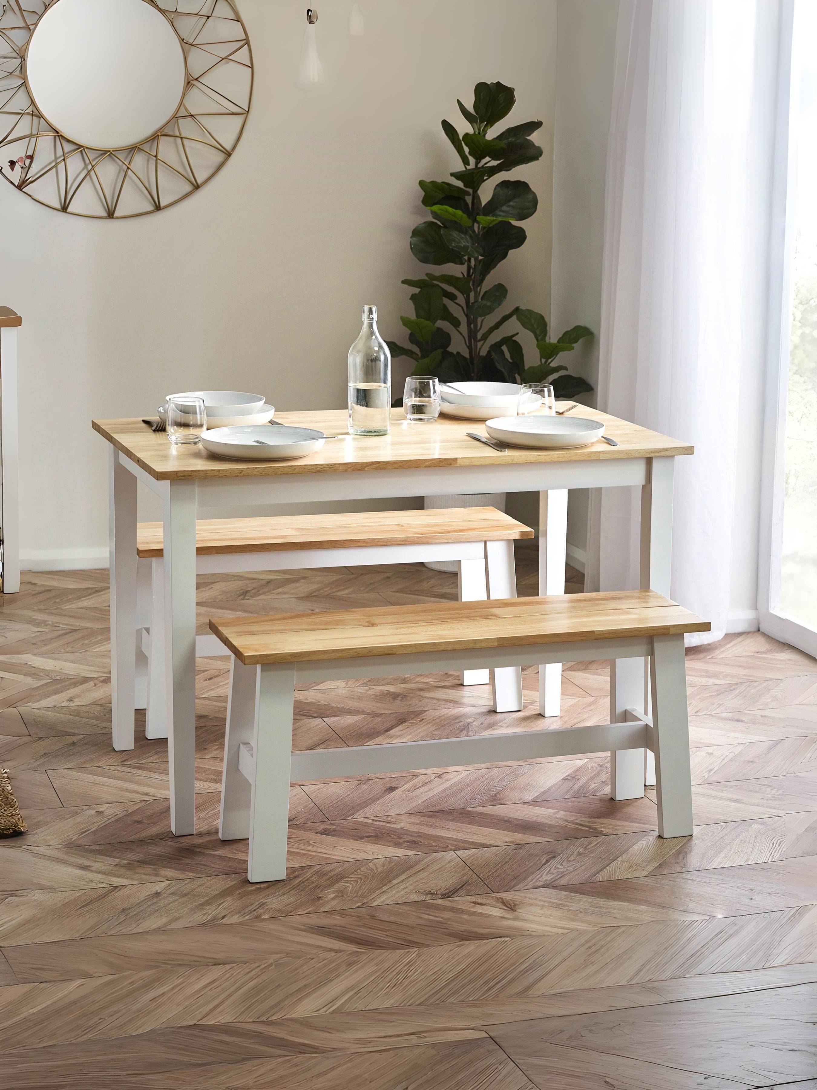 Linwood White/Natural Rectangluar Dining Table set with 2 Benches – Natural/White
