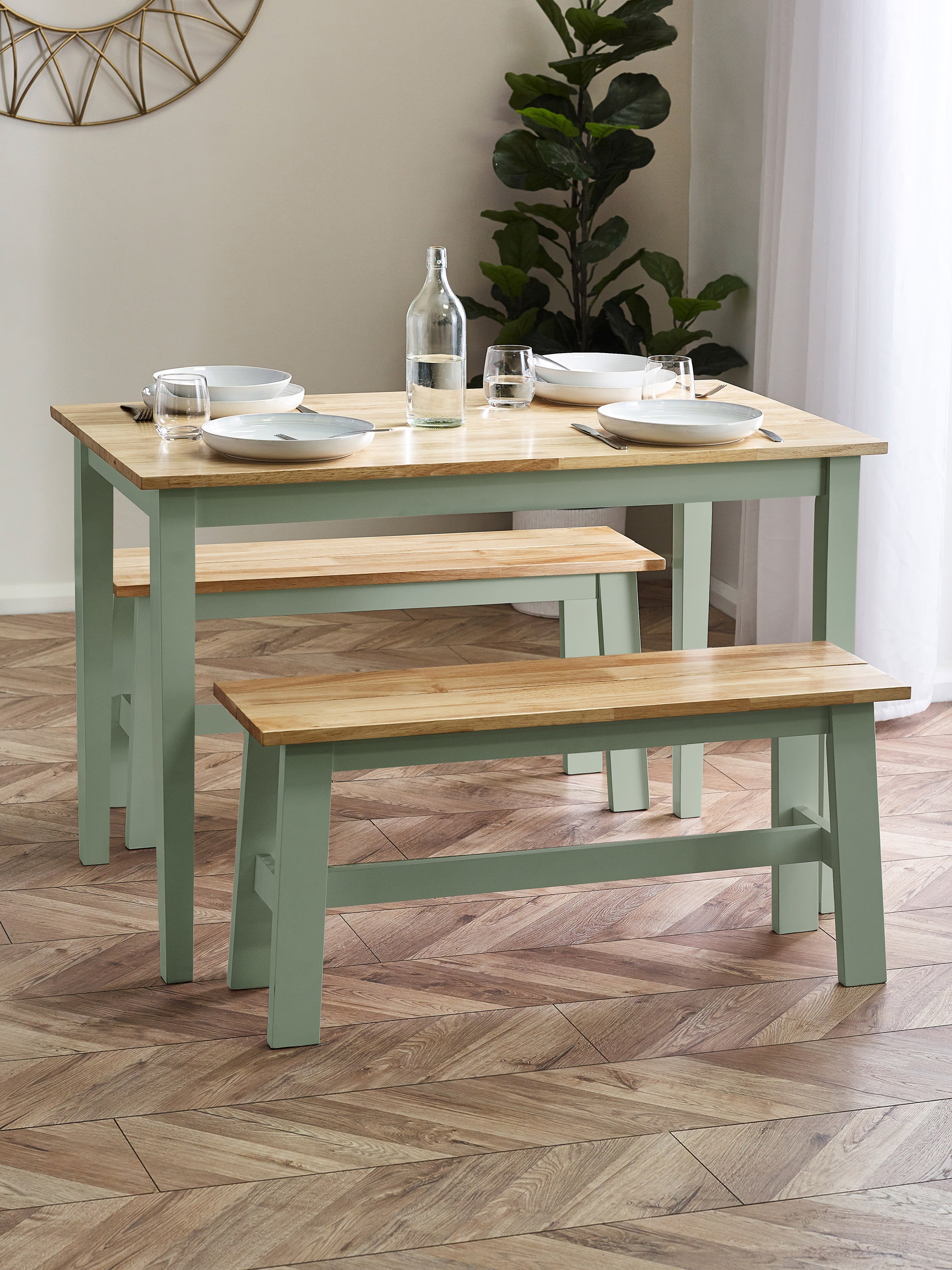Linwood Sage Green and Natural 95cm Dining Bench – Sage Green and Natural Oak Effect