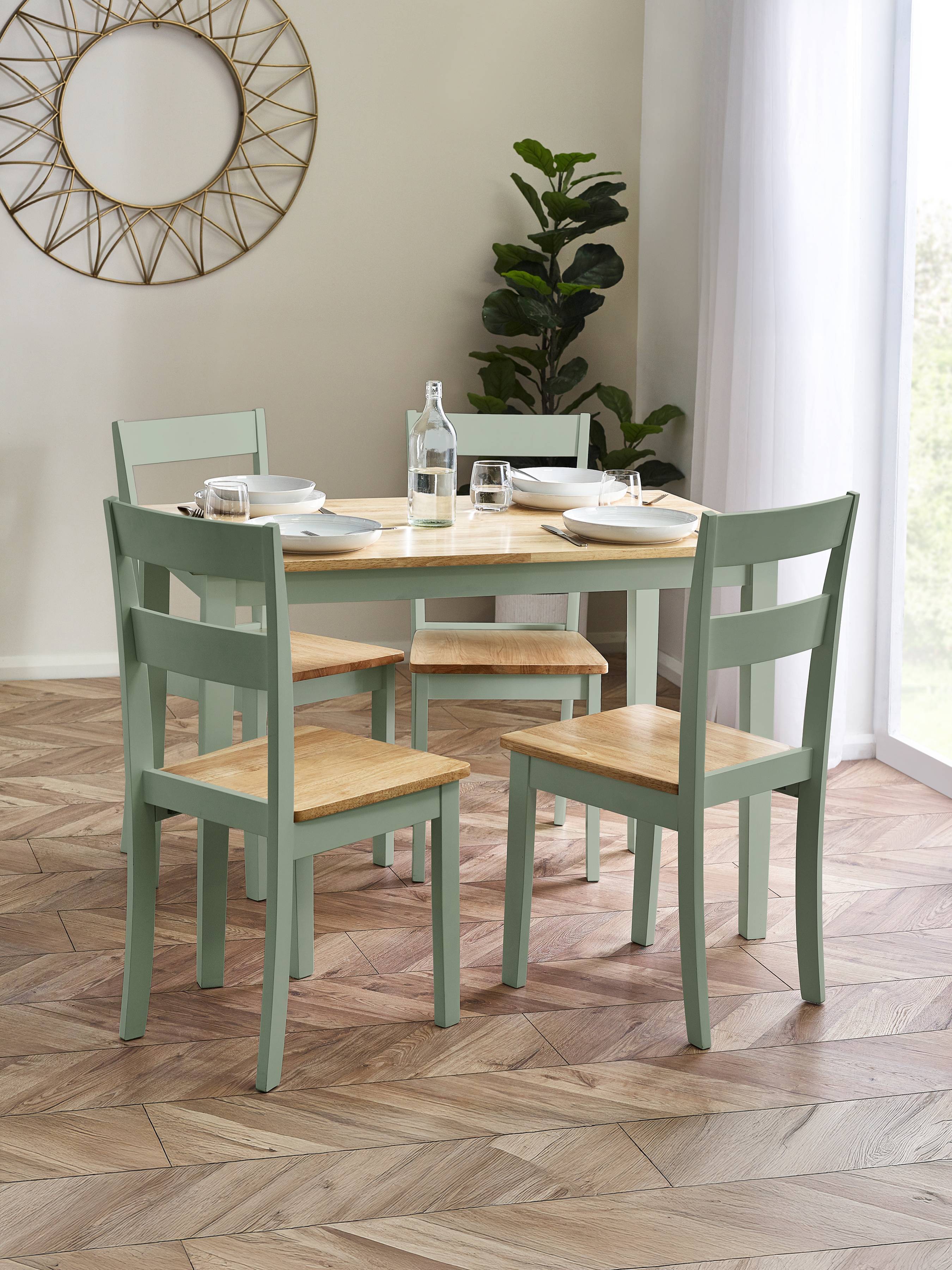 Linwood Sage Green Rectangluar Dining Table set with 4 Chairs – Sage Green and Natural Oak Effect