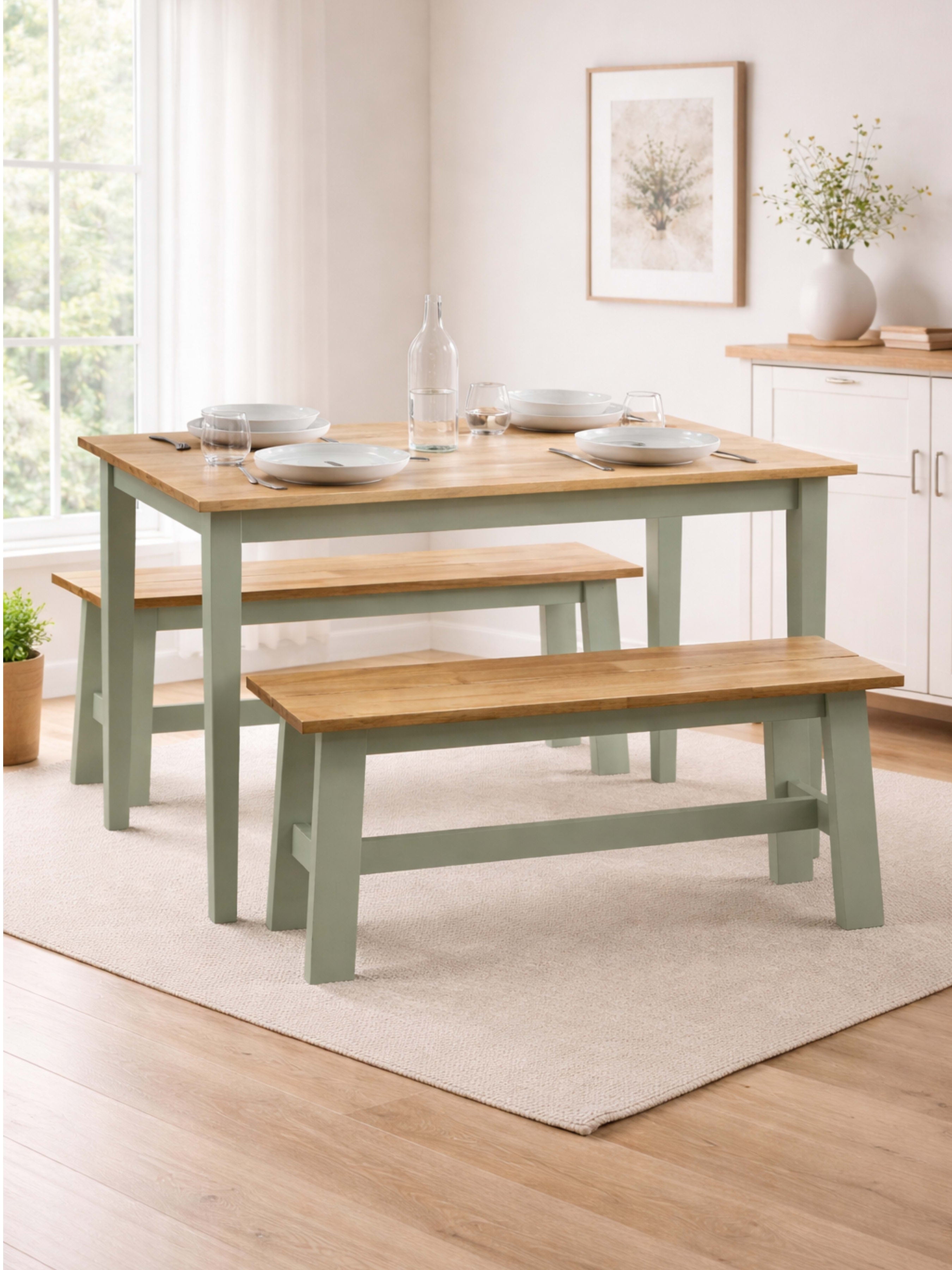 Linwood Sage Green Rectangluar Dining Table set with 2 Benches – Sage Green and Natural Oak Effect