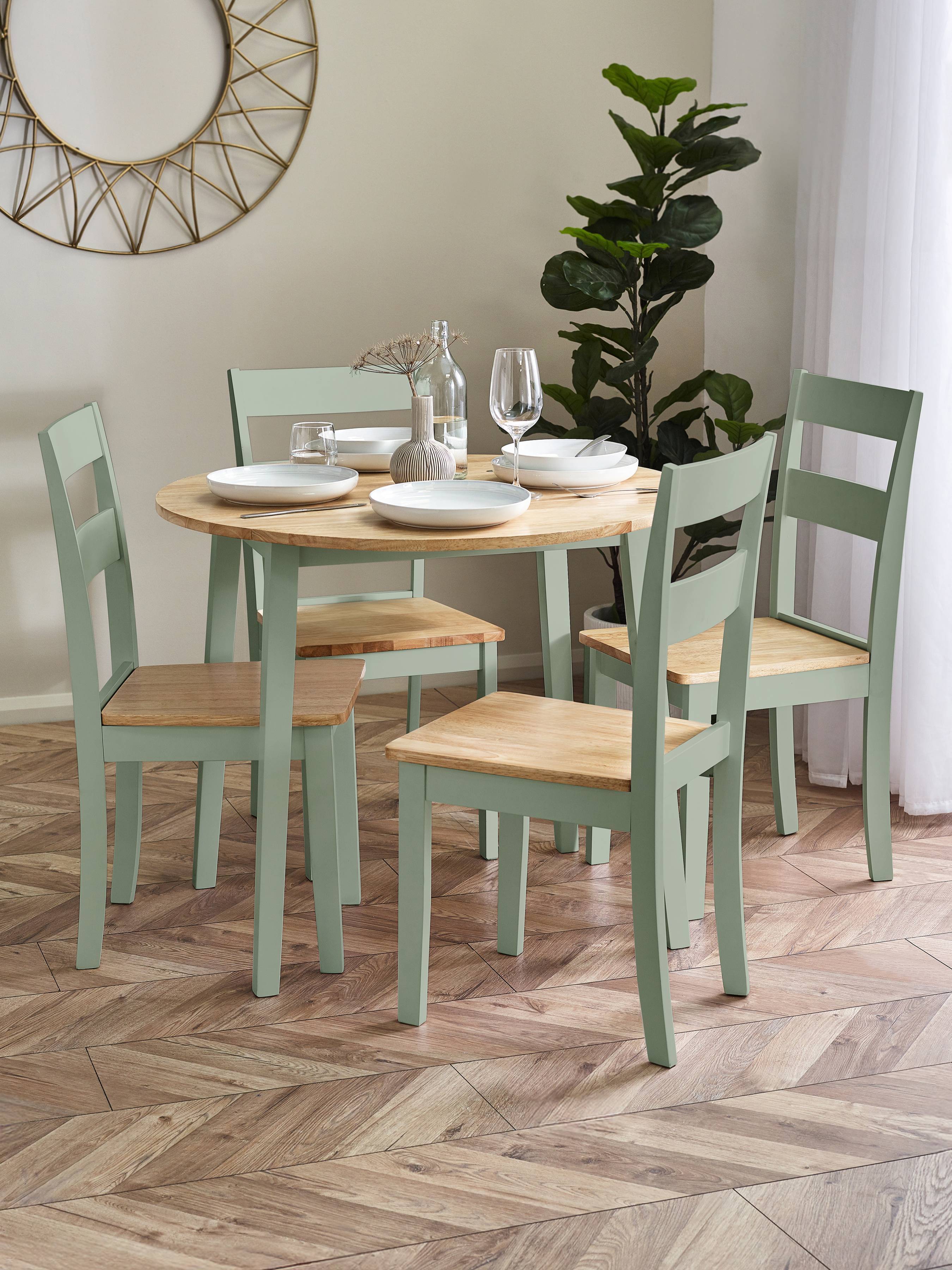 Linwood Sage Green Round Dropleaf Dining Table set with 4 Chairs – Sage Green and Natural Oak Effect