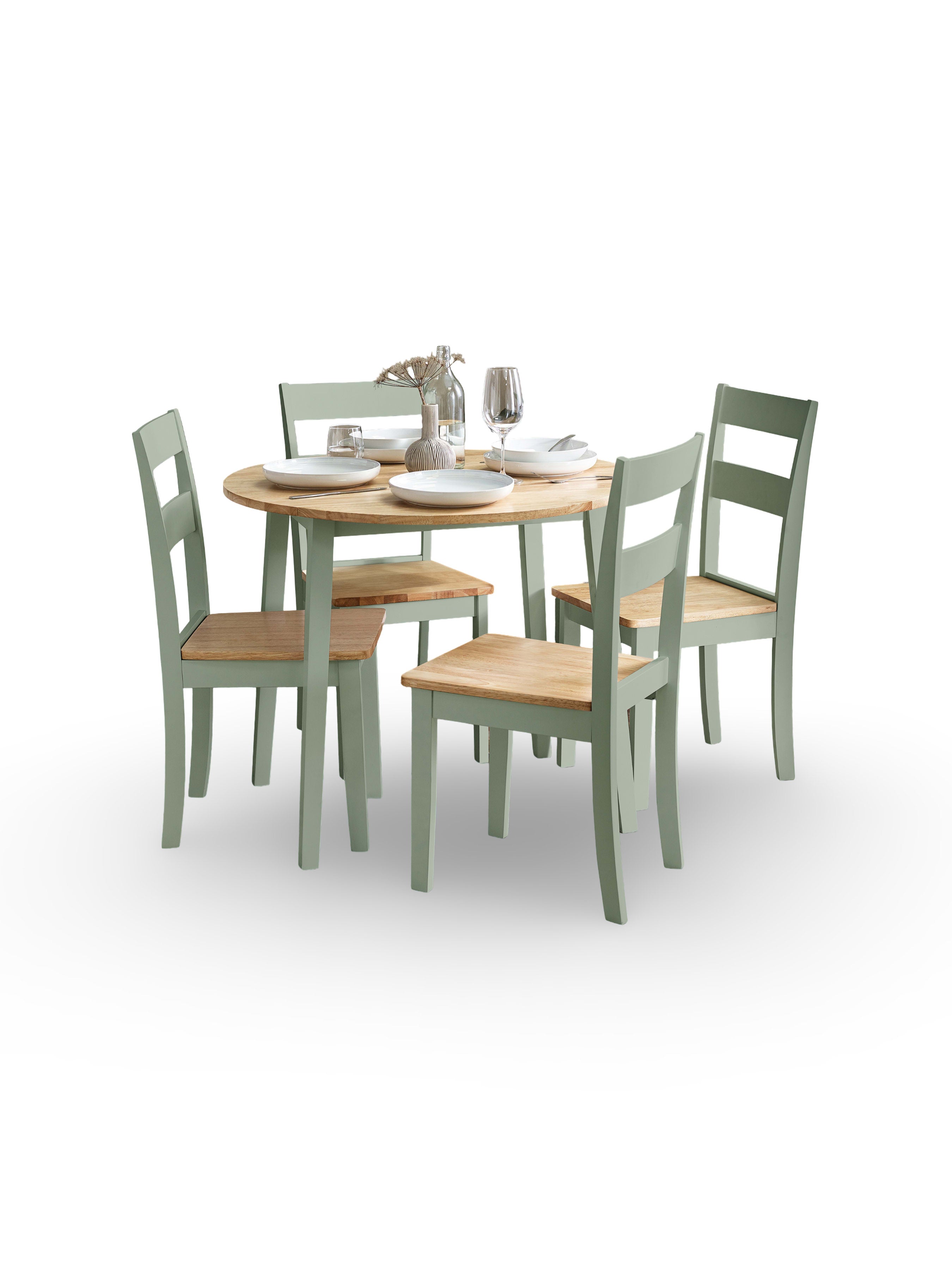Linwood Sage Green Round Dropleaf Dining Table set with 4 Chairs – Sage Green and Natural Oak Effect