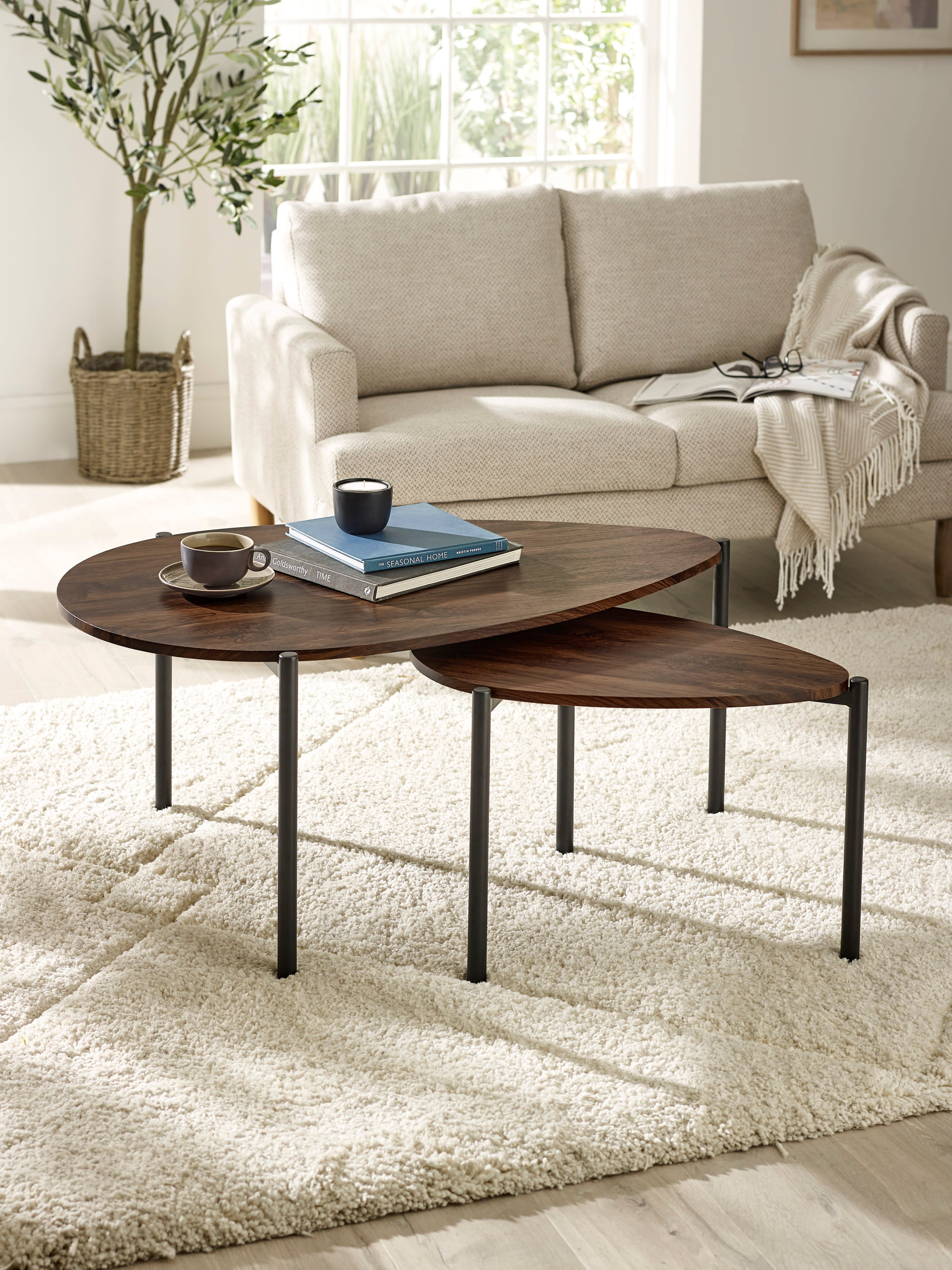 Lorette Walnut Effect Teardrop Nest of 2 Coffee Tables
