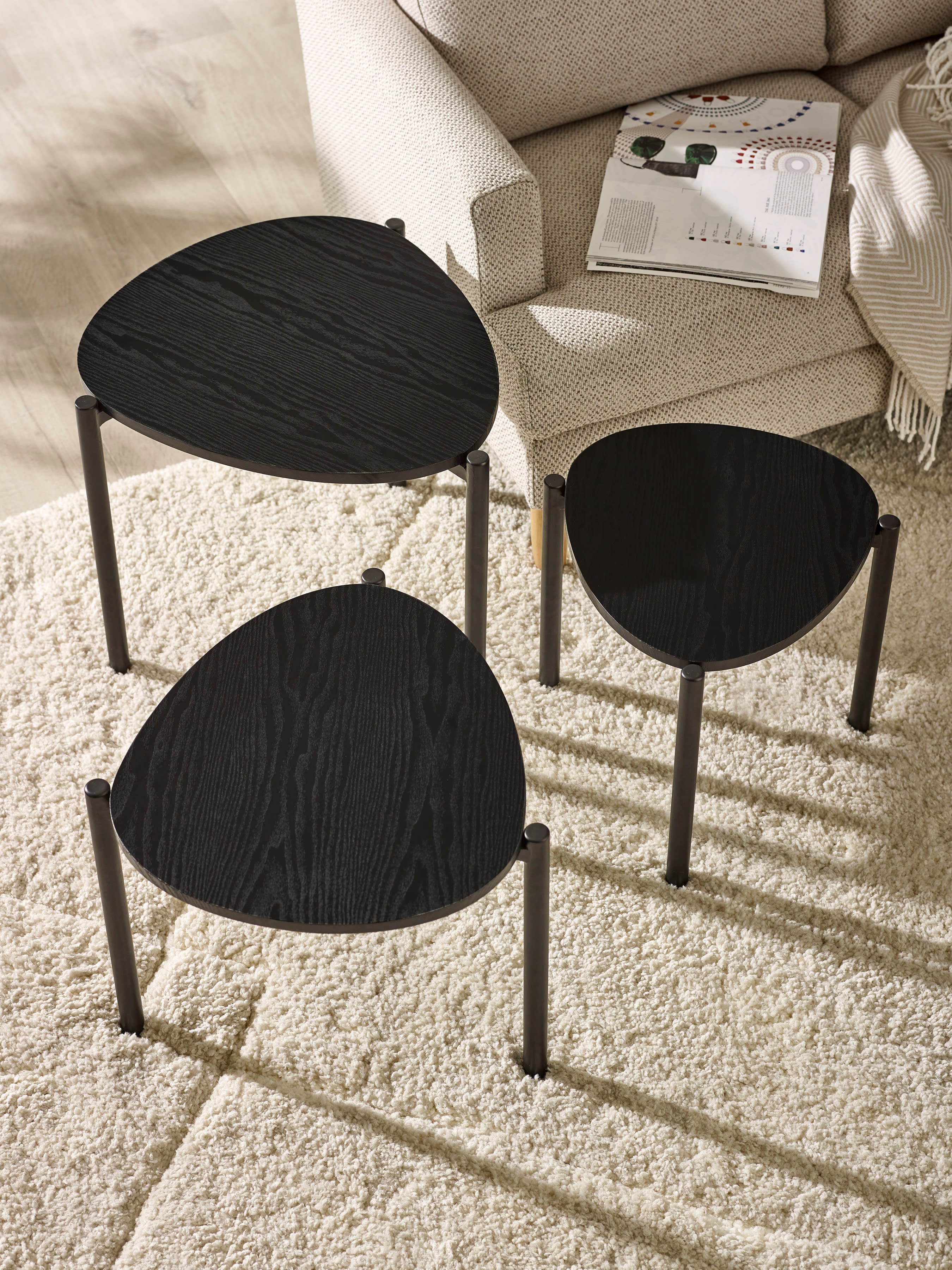 Lorette Black Ash Effect Teardrop Nest of 3 Side Tables