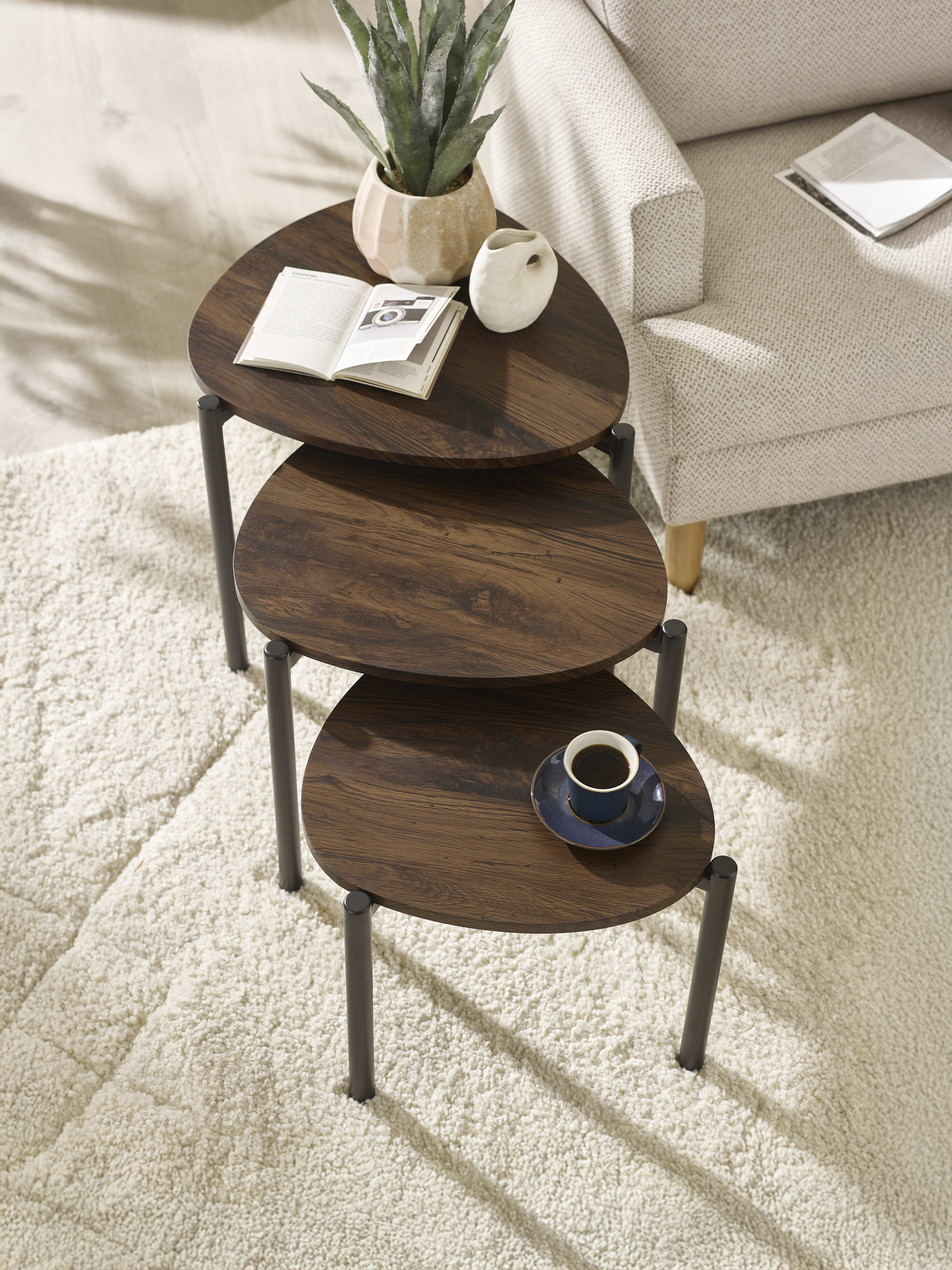 Lorette Walnut Effect Teardrop Nest of 3 Side Tables