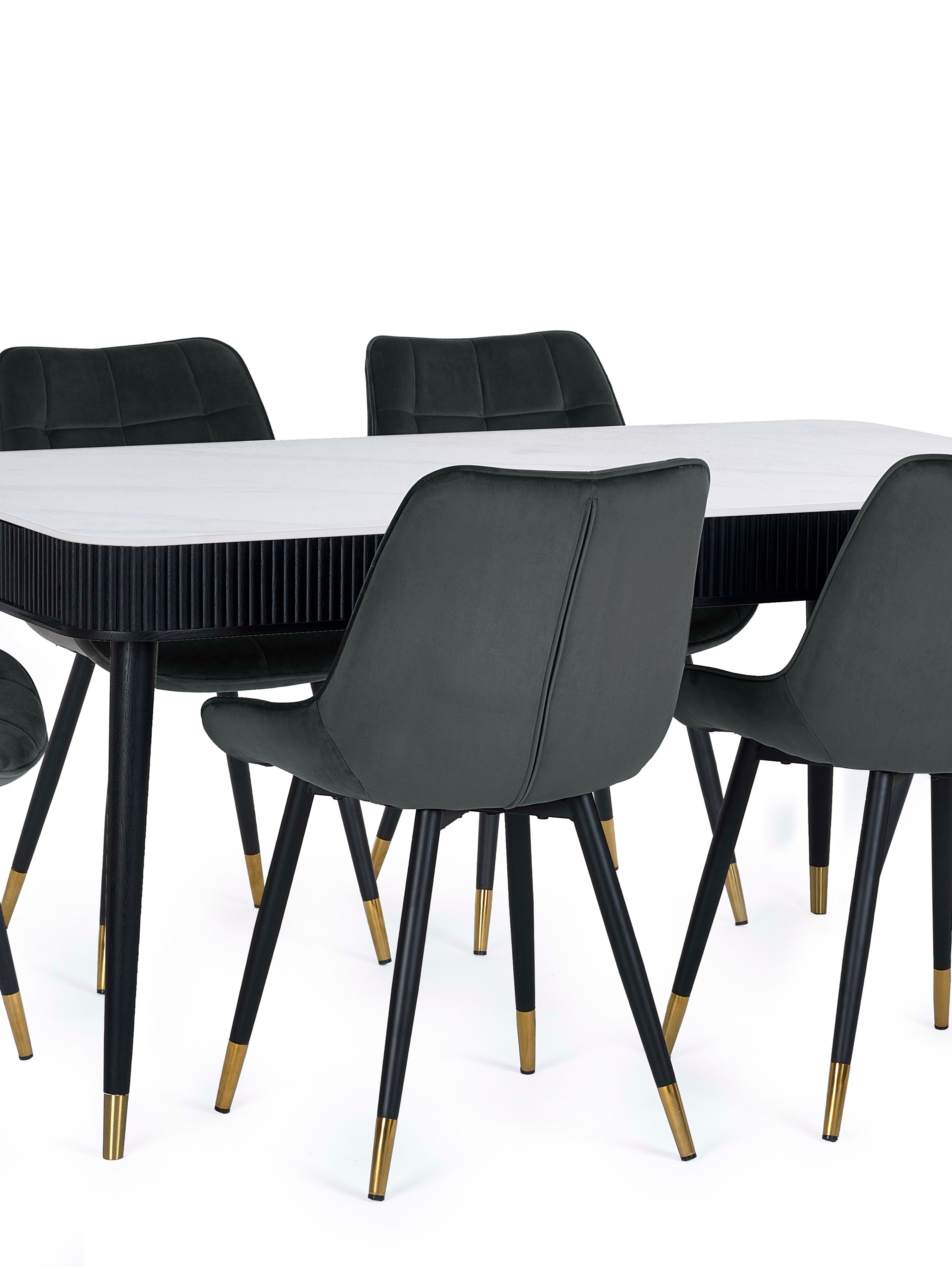 Louis Rectangular Stone Top Table and 6 Hadid Grey Chairs – White Marble Effect and Black