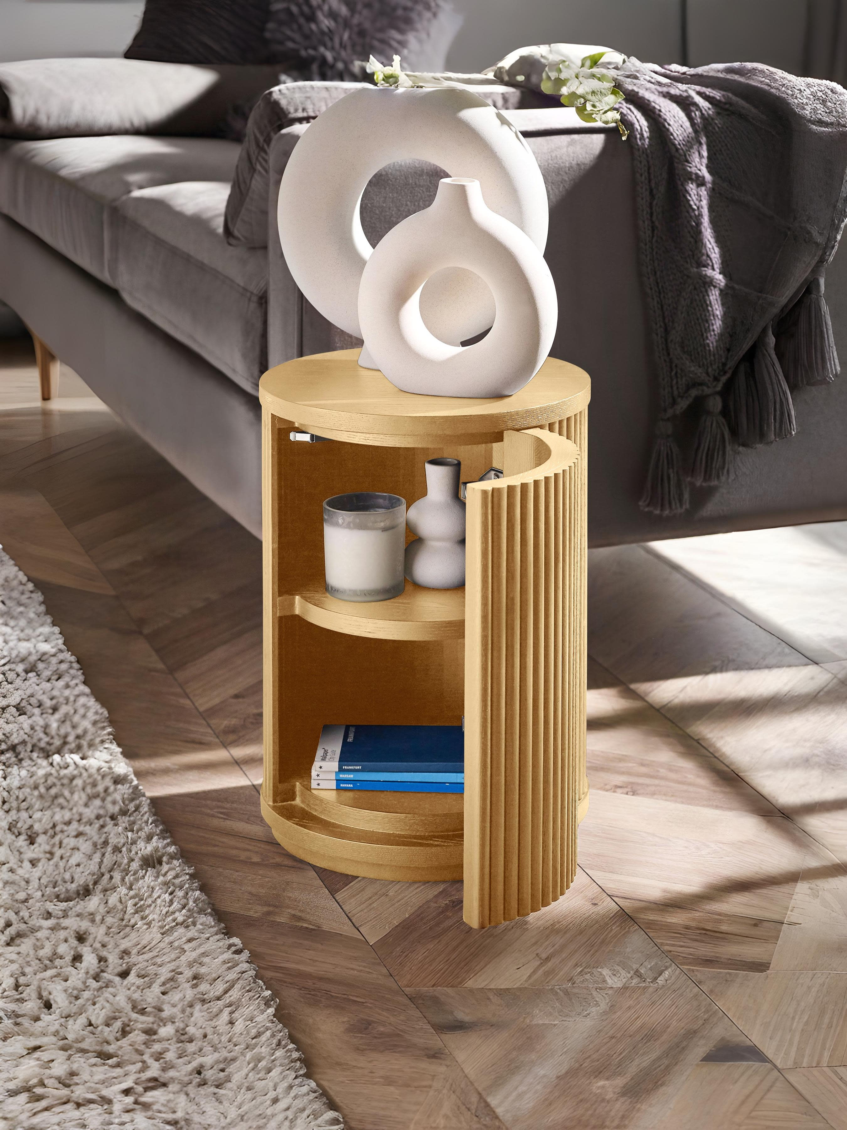Louis Light Oak Effect Fluted Side Table with Storage