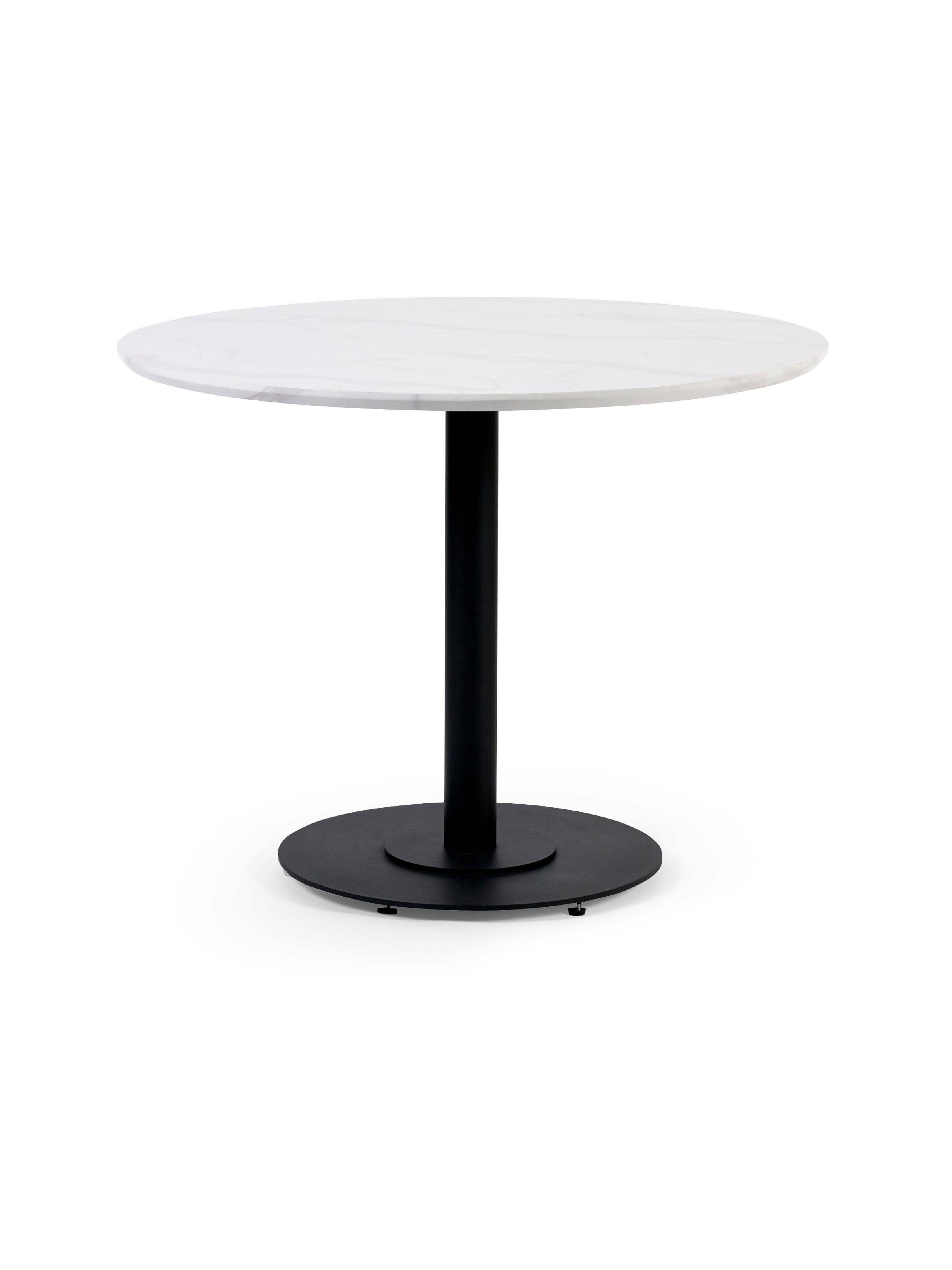 Luca 100cm Round White Dining Set with 4 Morris Cream Faux Leather Chairs – White Marble Effect and Black