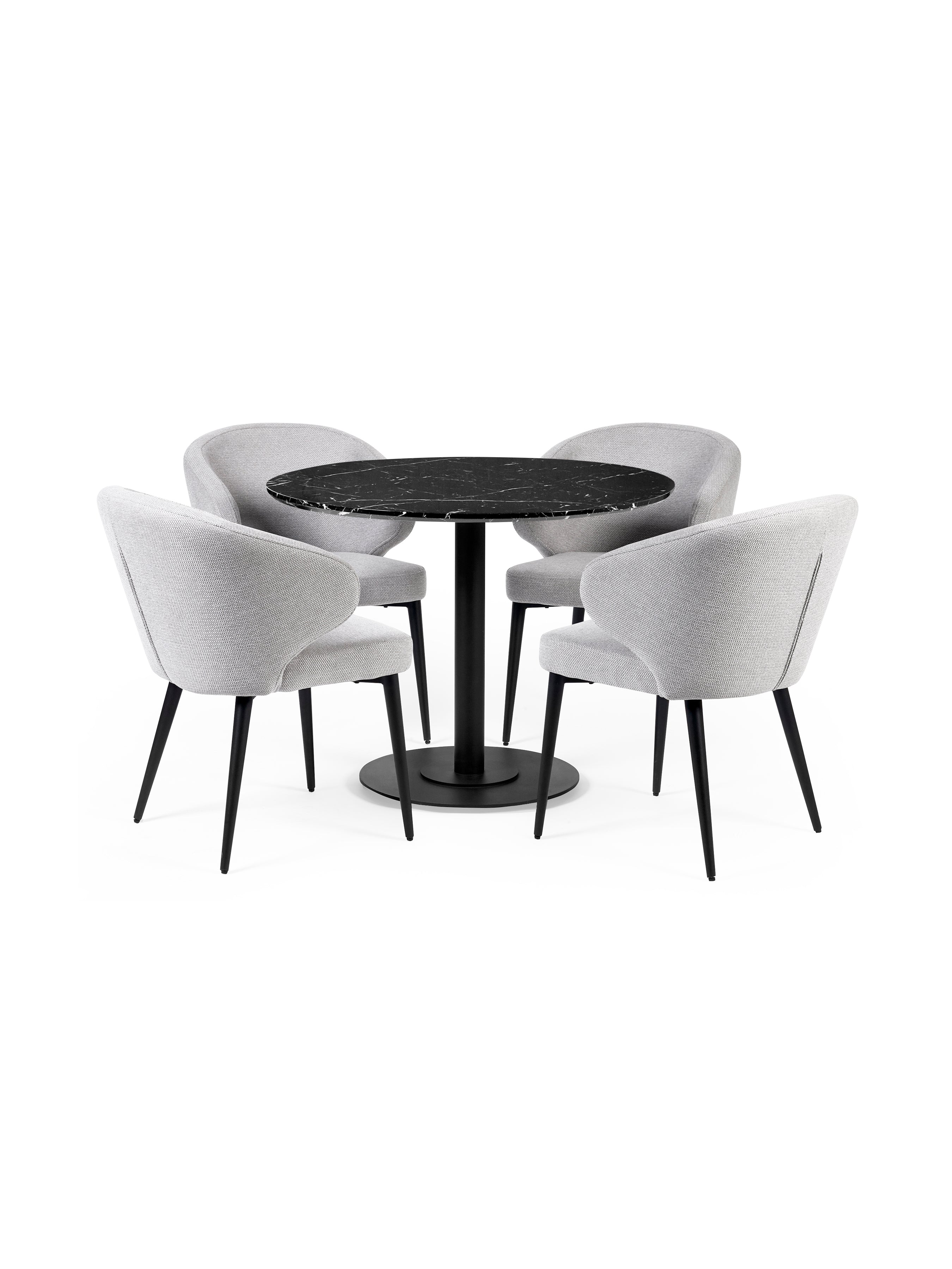 Luca Black 100cm Round Dining Set with 4 Marcus Light Grey Chairs – Black Marble Effect and Light Grey