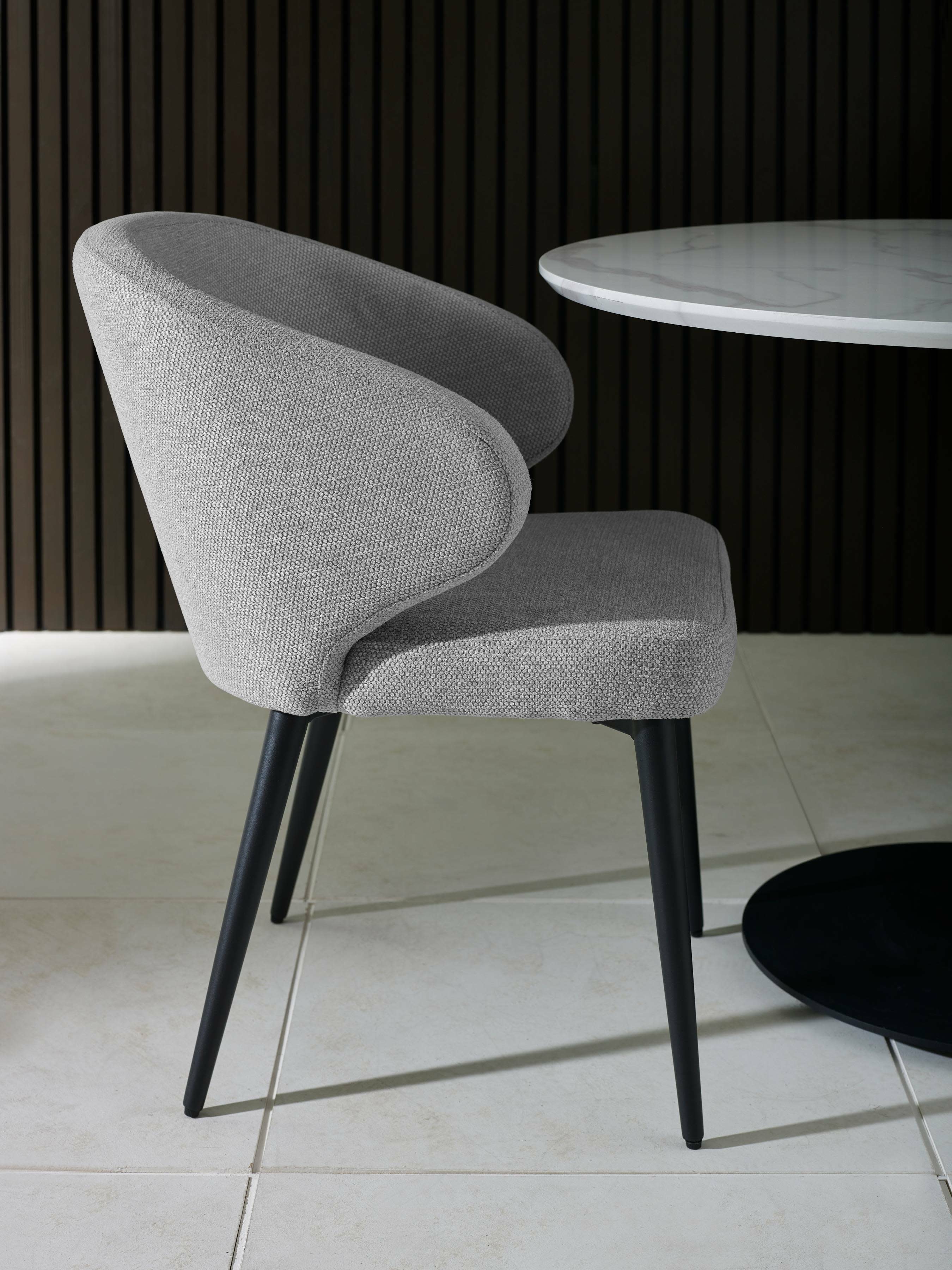 Luca Black 100cm Round Dining Set with 4 Marcus Light Grey Chairs – Black Marble Effect and Light Grey