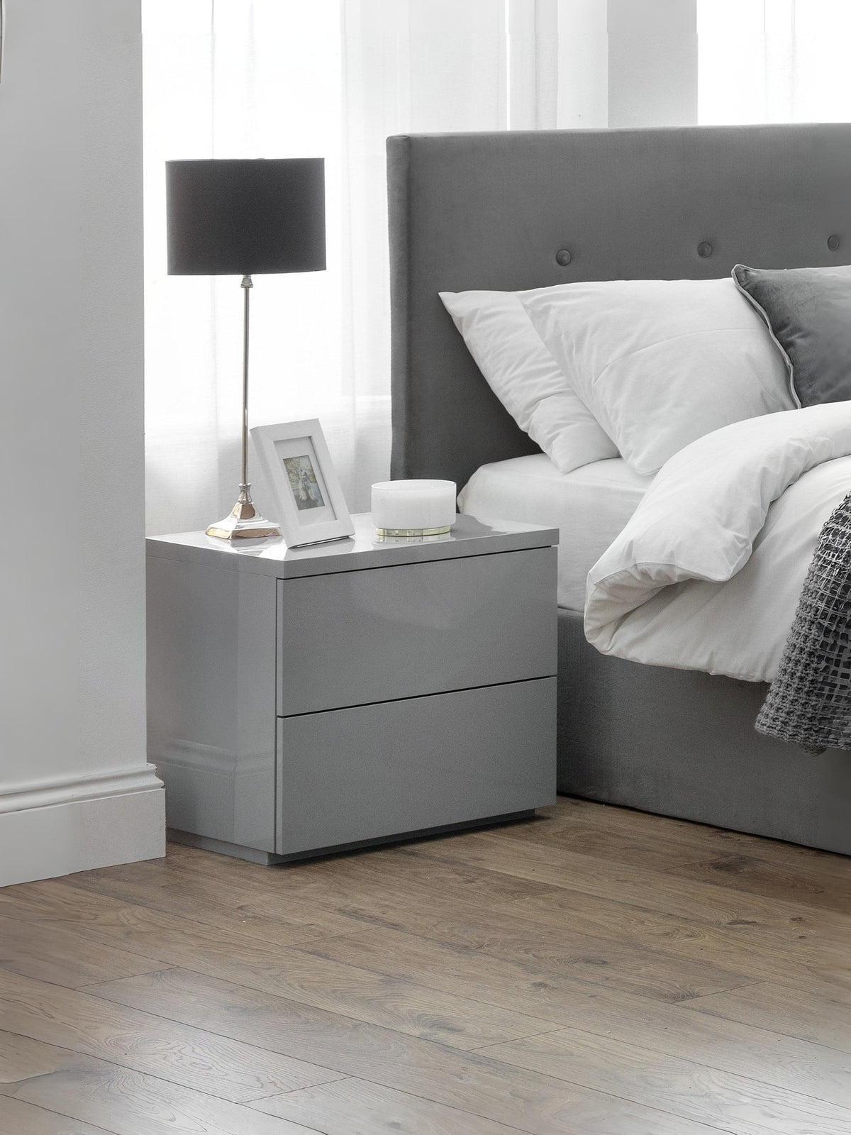 Monaco 2 Drawer Bedside - Grey Gloss