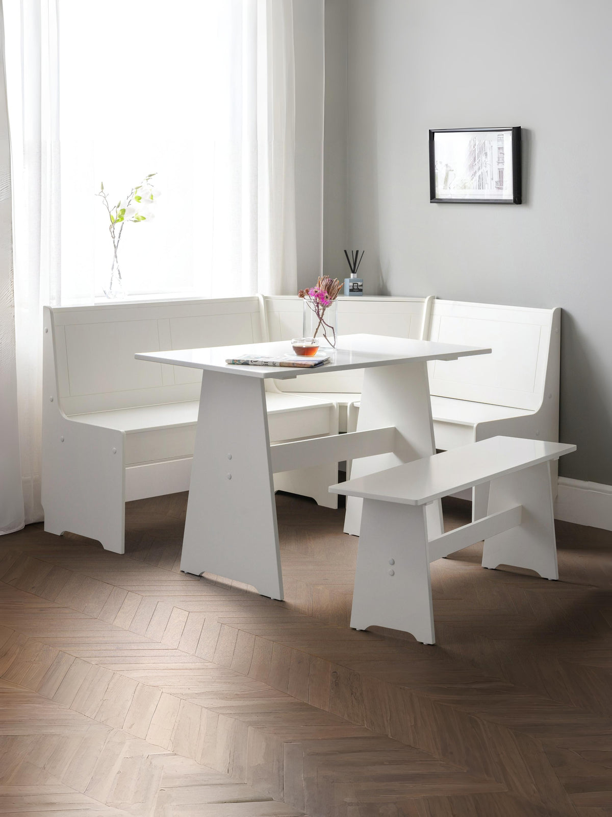 Newport Corner Dining Set With Storage Bench - Surf White