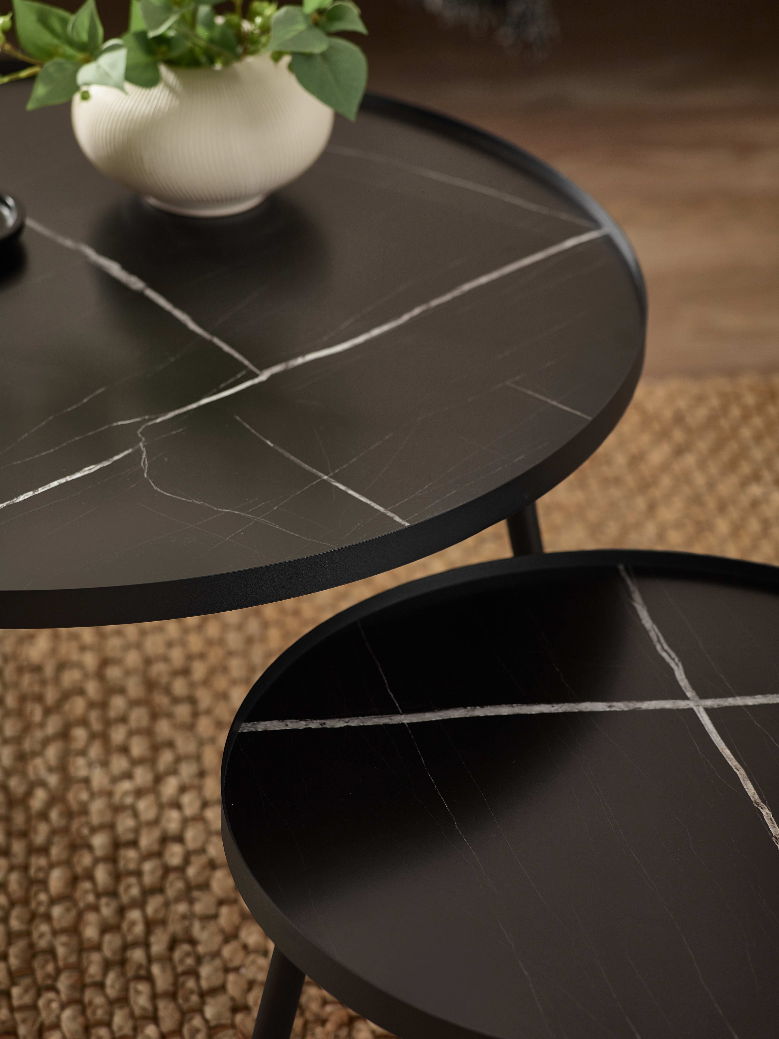 Nolan Black Marble-Effect 78cm Round Nesting Coffee Tables