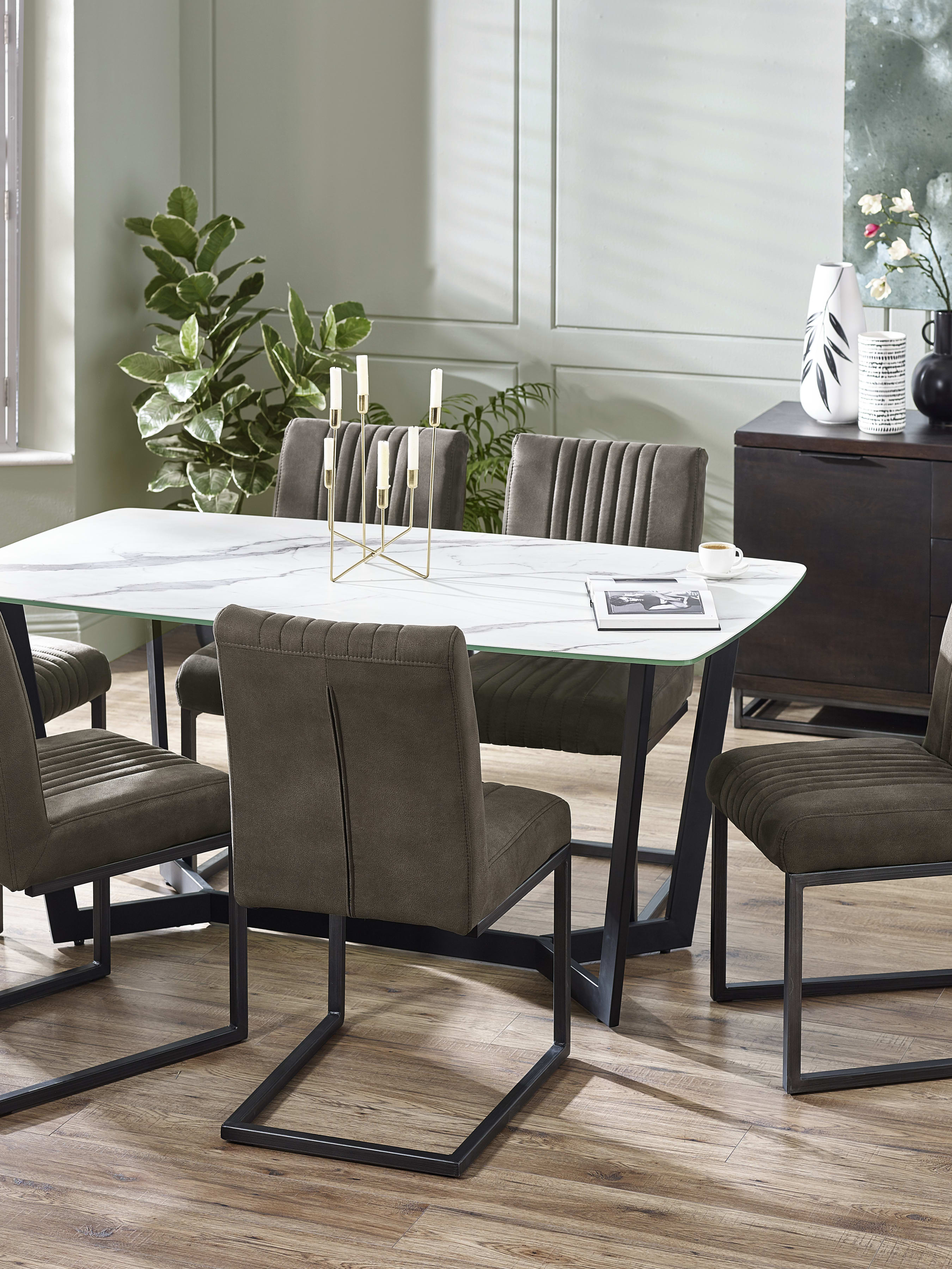 Olympus White Marble Effect Table and 6 Charcoal Brooklyn Chairs – White Marble Effect & Black