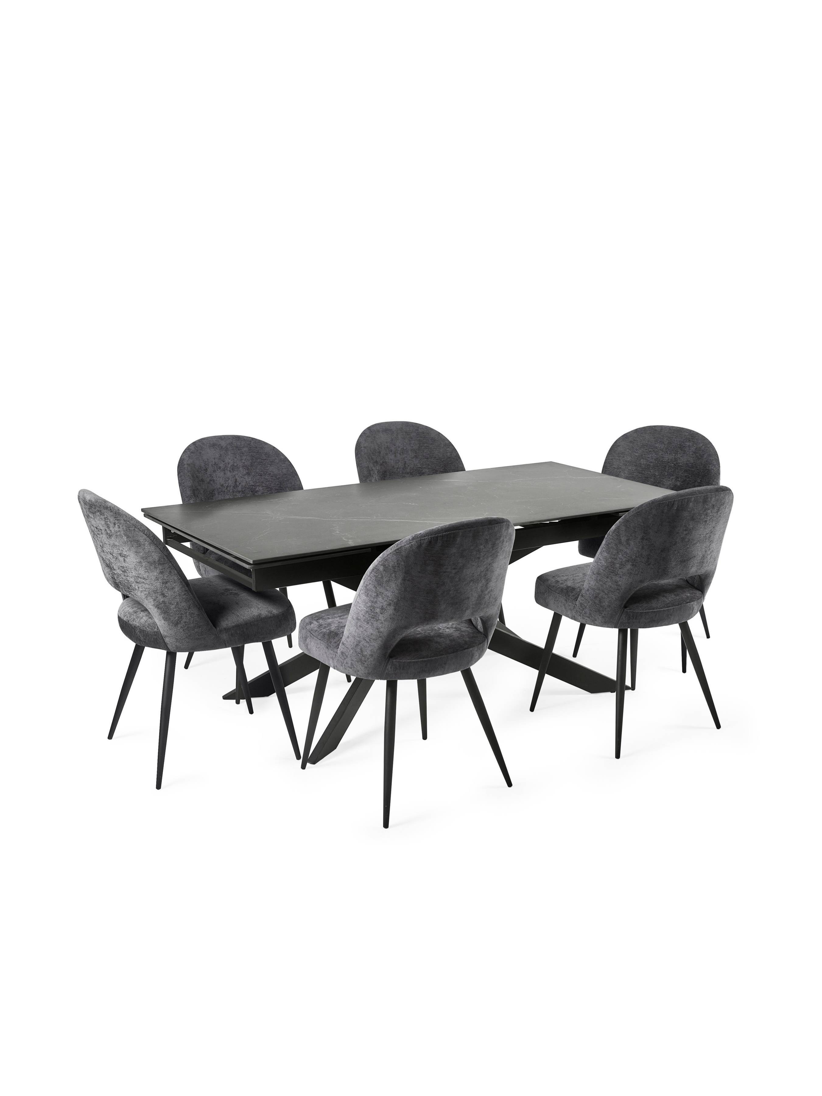 Osaka Black 160 to 240cm Extending Dining Table Set with 6 Grey Chenille Uplholseted Ella Dining Chairs – Dark Slate
