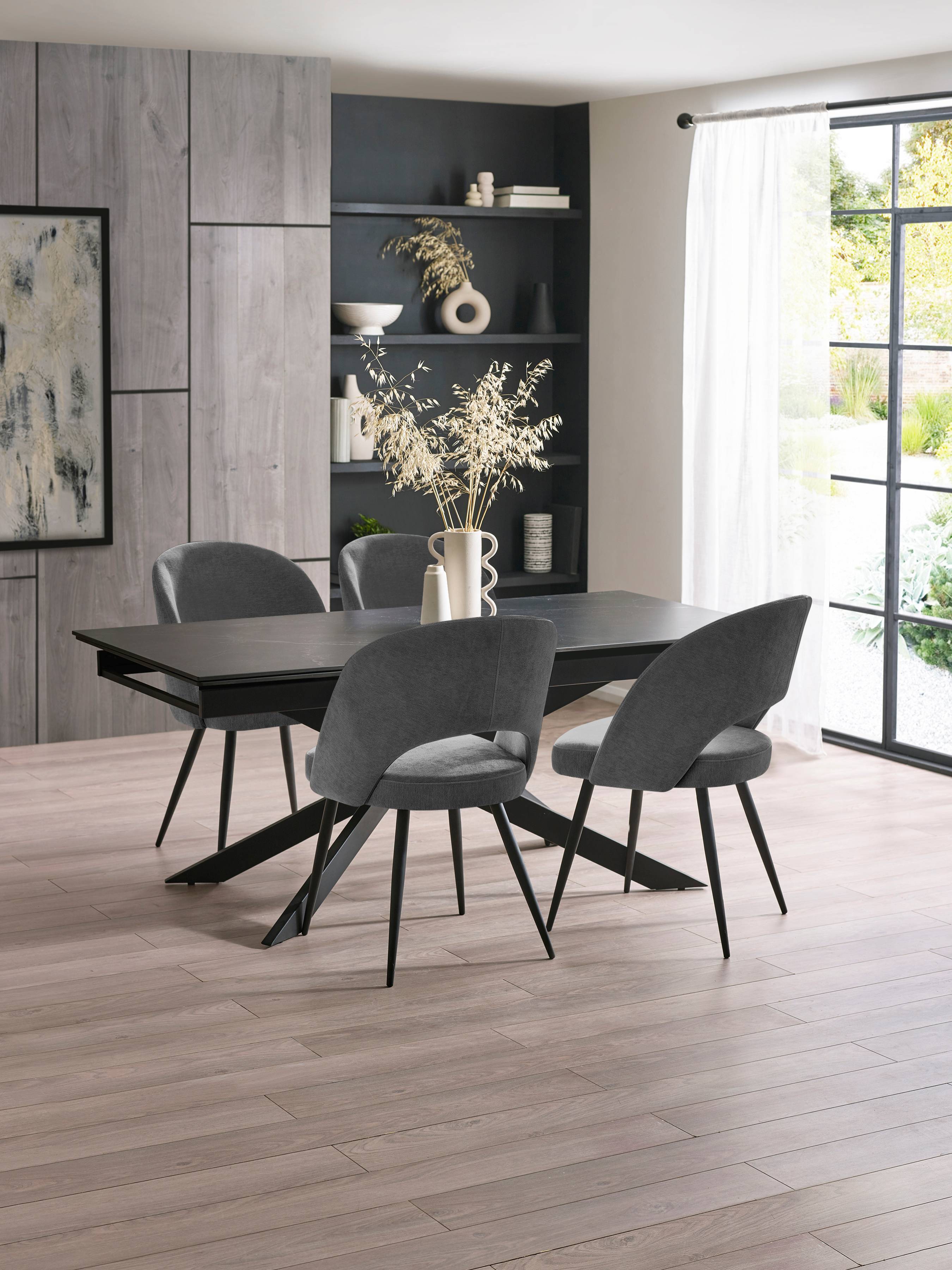 Osaka Black 160 to 240cm Extrending Dining Table set with 4 Grey Chenille Upholstered Ella Dining Chairs – Dark Slate