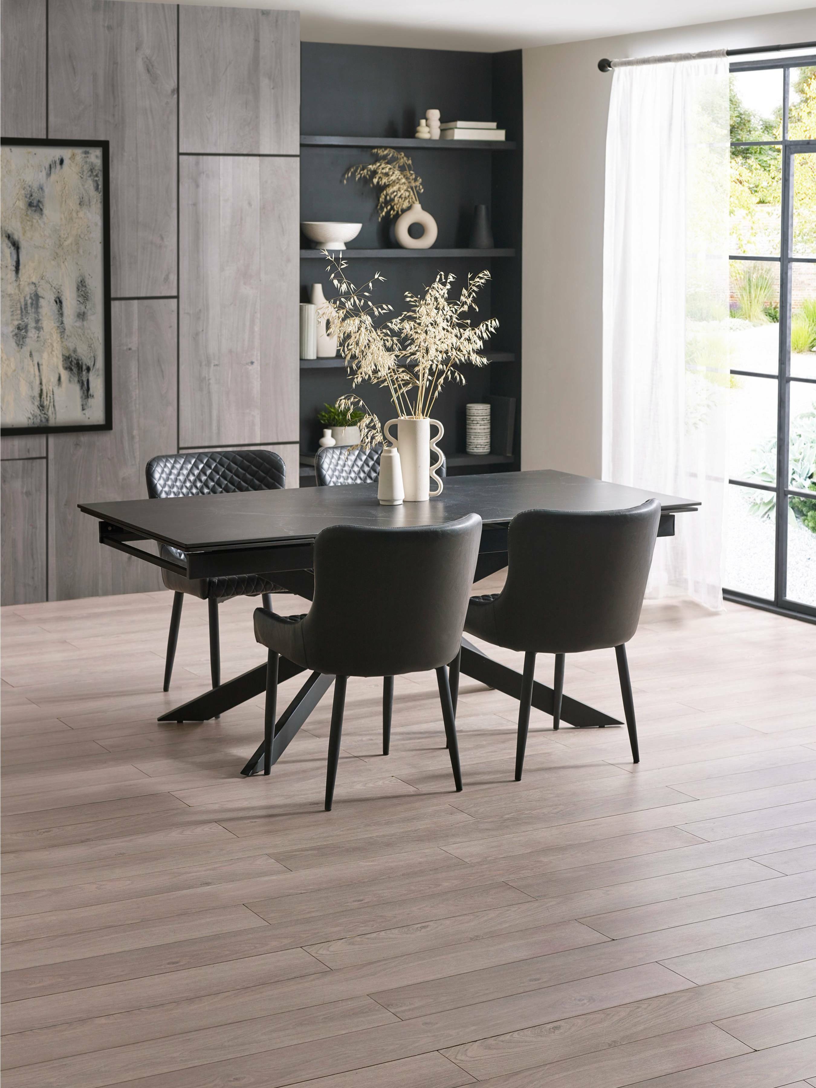 Osaka Black 160 to 240cm Extrending Dining Table set with 4 Black Faux Leather Upholstered plush Dining Chairs – Dark Slate