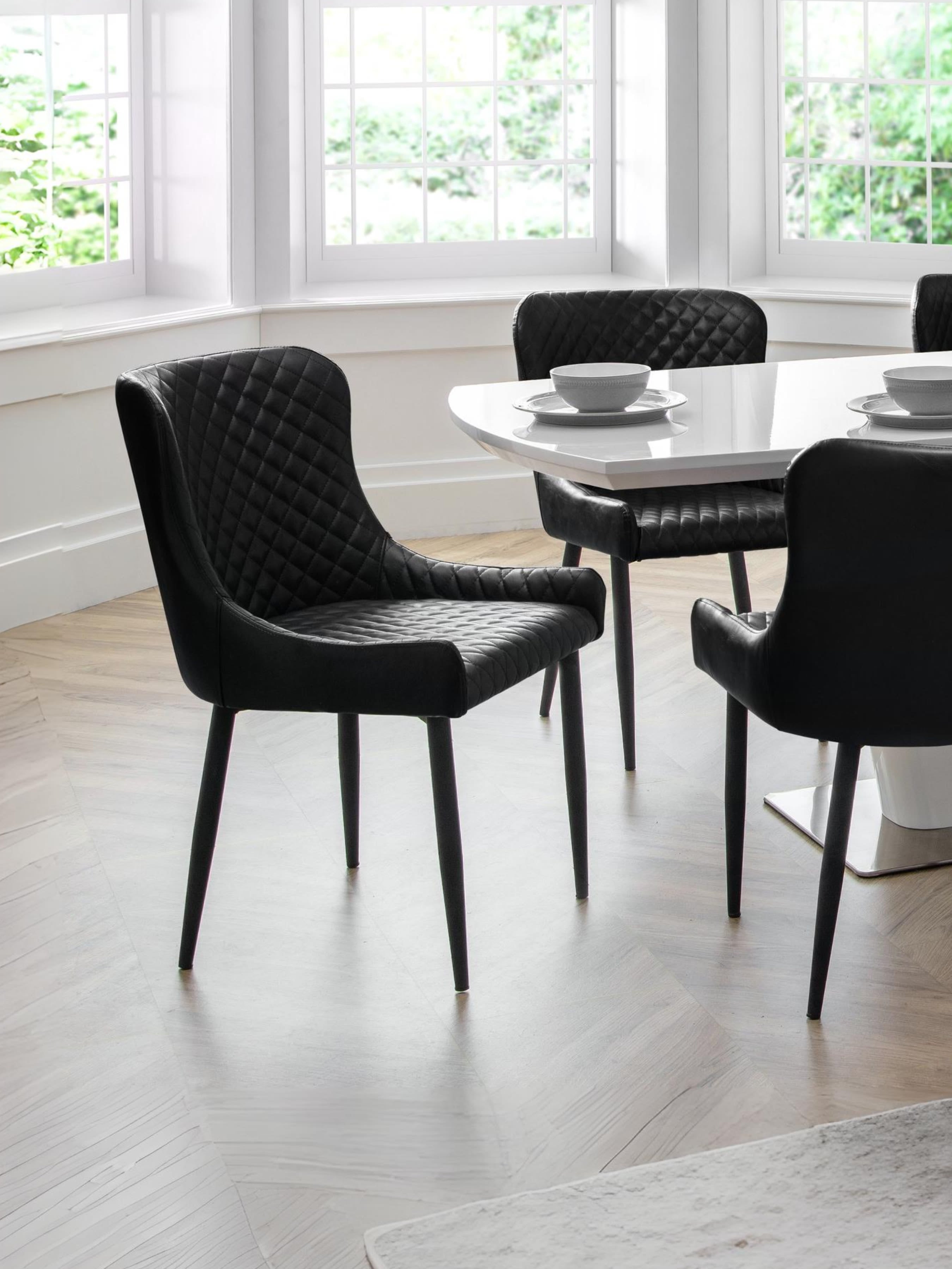 Osaka Black 160 to 240cm Extrending Dining Table set with 4 Black Faux Leather Upholstered plush Dining Chairs – Dark Slate