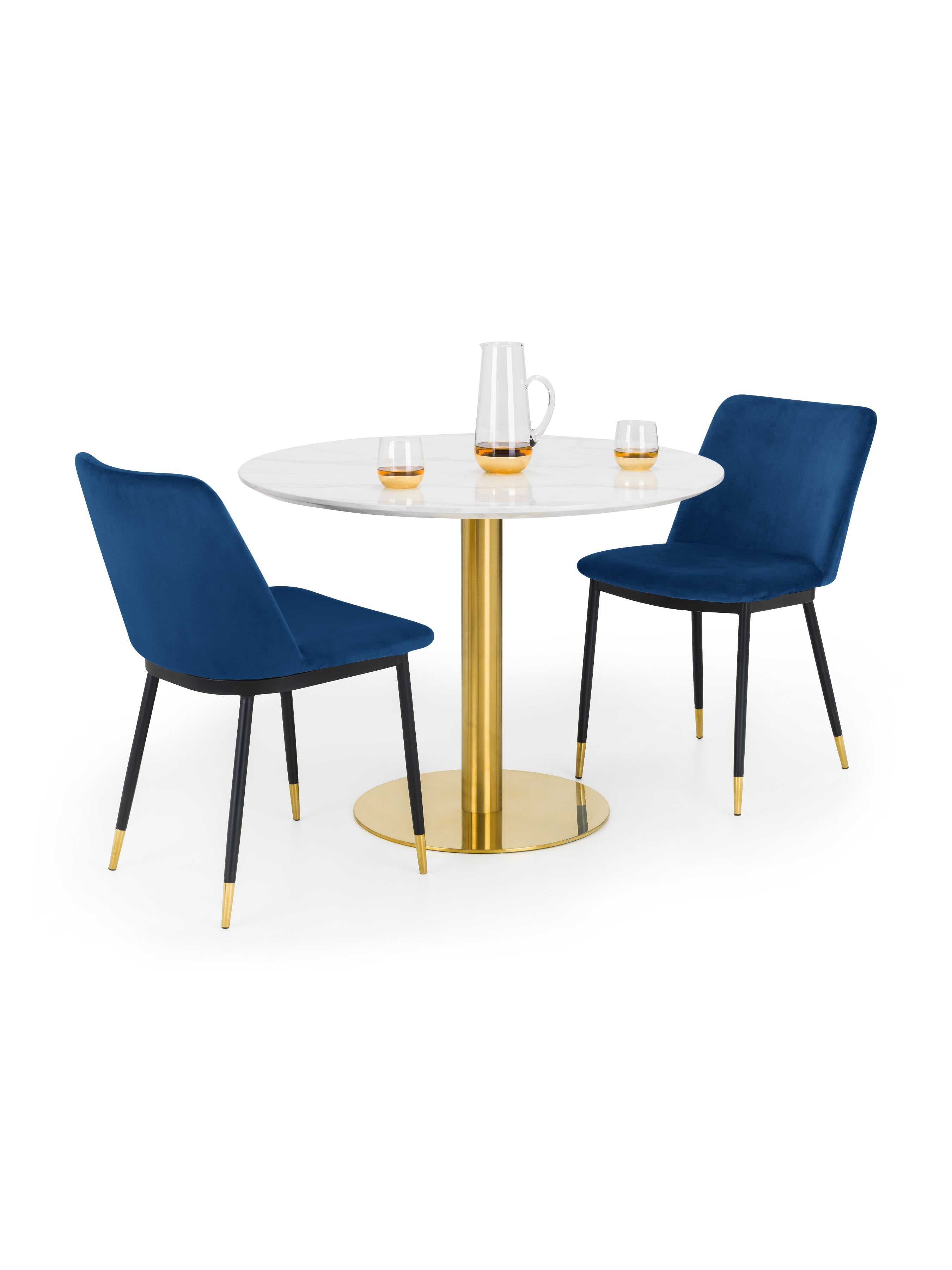 Palermo Round Table and 2 Blue Delaunay Chairs – White Marble Effect & Gold
