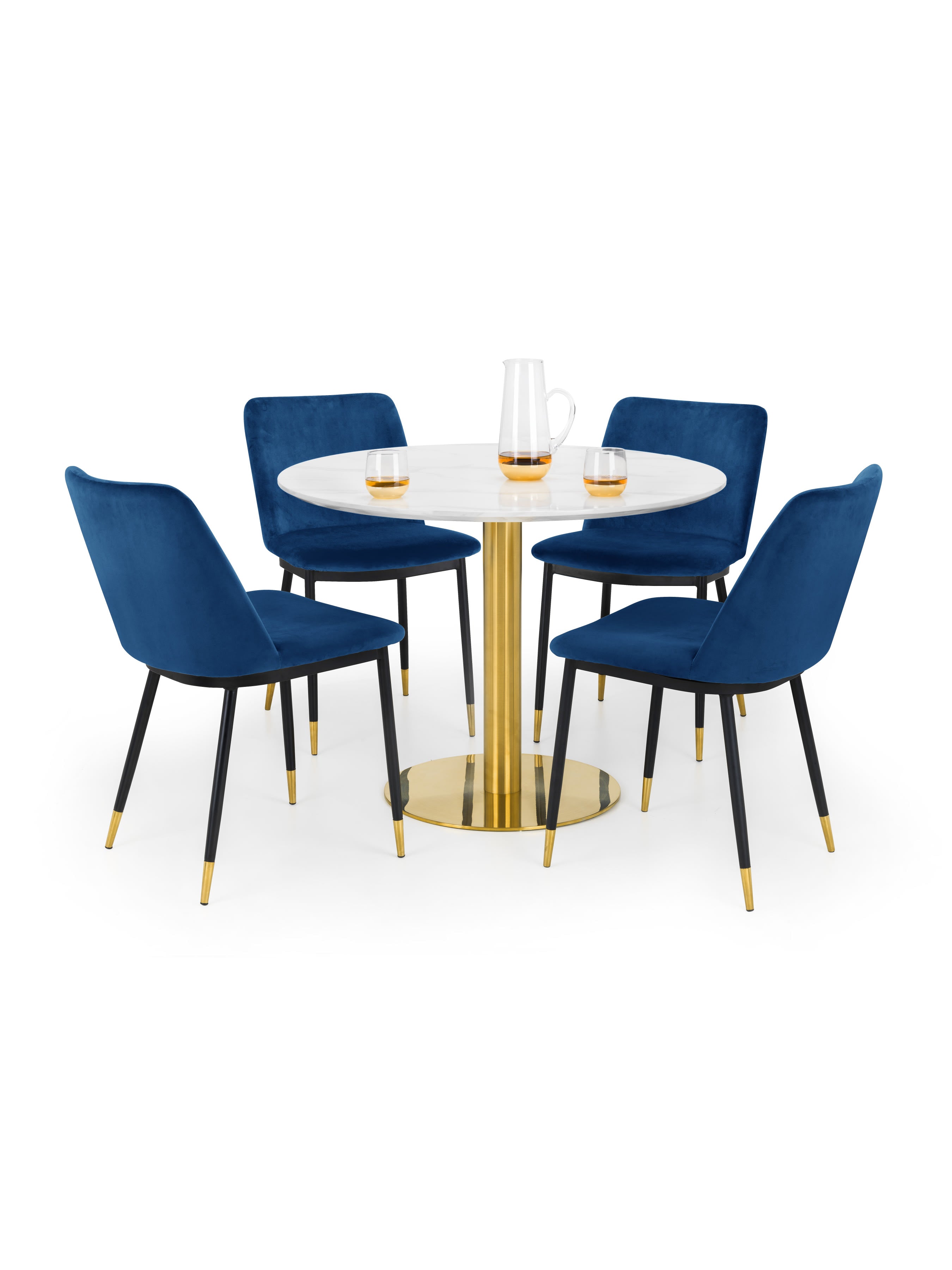 Palermo Round Table and 4 Blue Delaunay Chairs – White Marble Effect & Gold