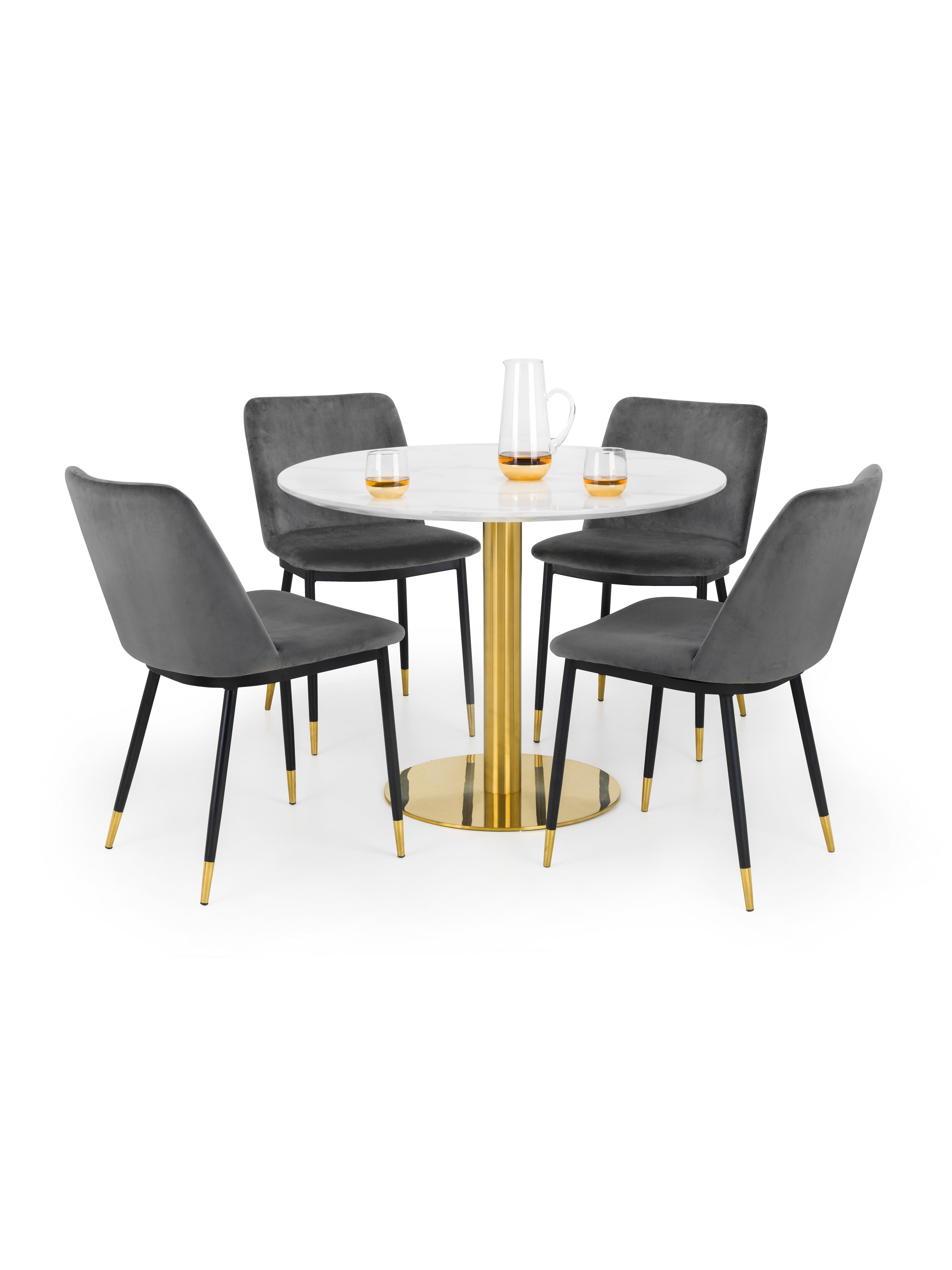Palermo Round Table and 4 Grey Delaunay Chairs – White Marble Effect & Gold