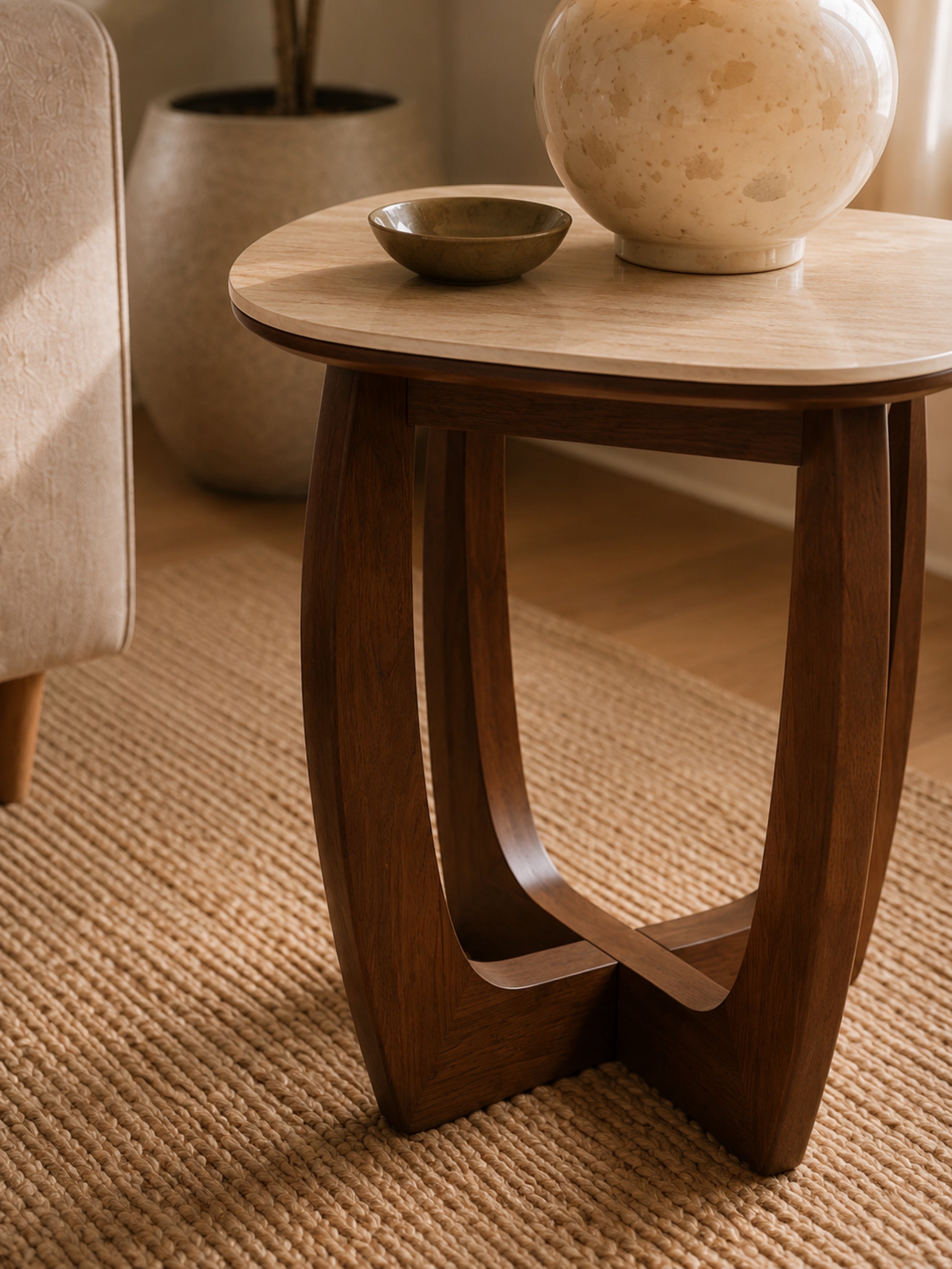 Portland Square Lamp Table – Walnut Effect/Natural Stone